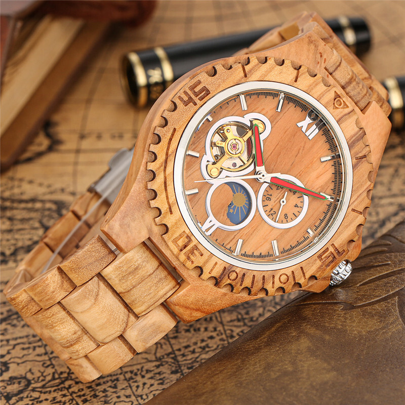 Men’s Wooden Automatic Watch Full Wooden Bracelet Wristwatch Folding Clasp Gifts