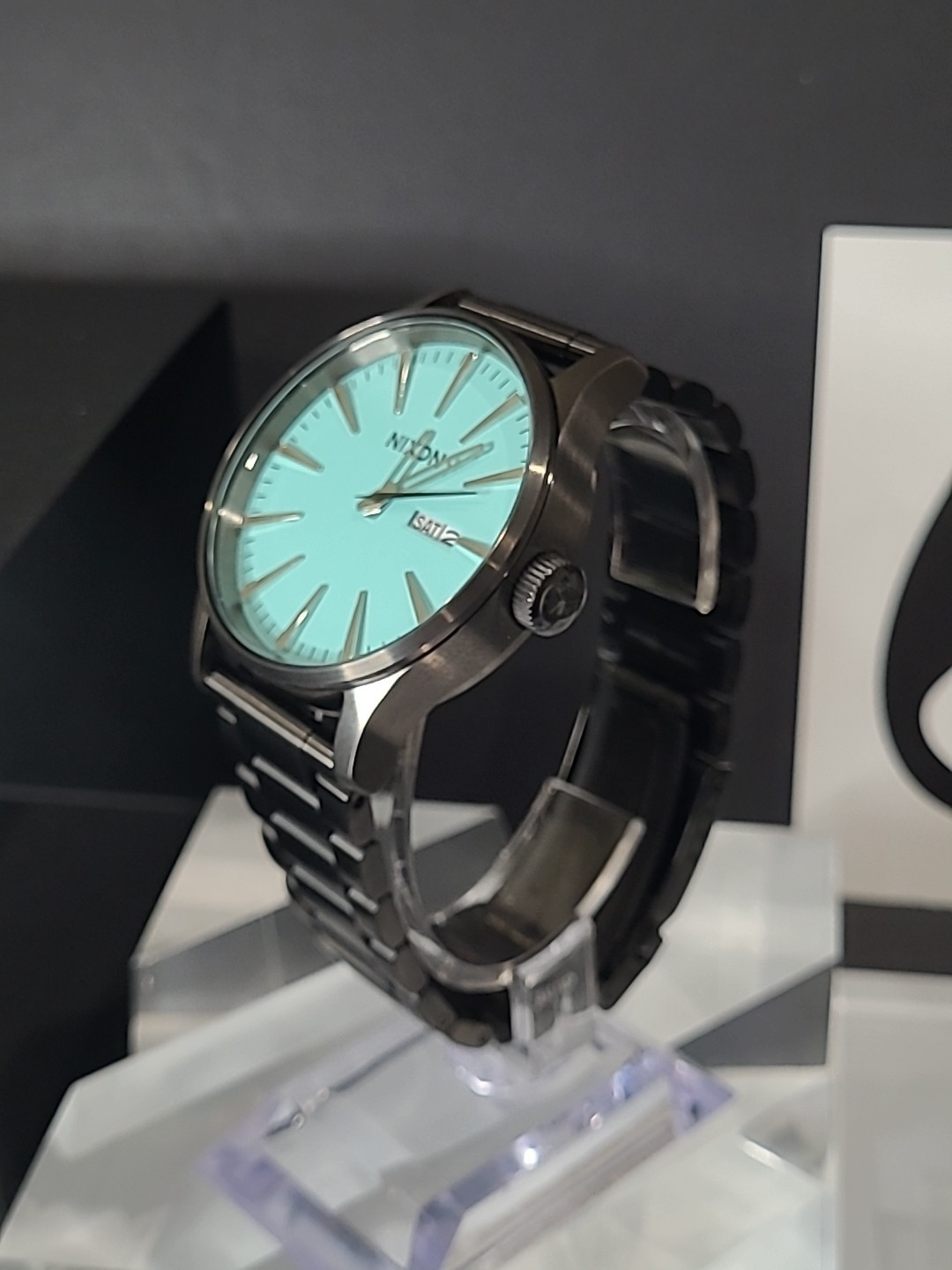 CUSTOM Nixon Sentry Quartz Watch Black Brushed/ Turquoise A105-2800.