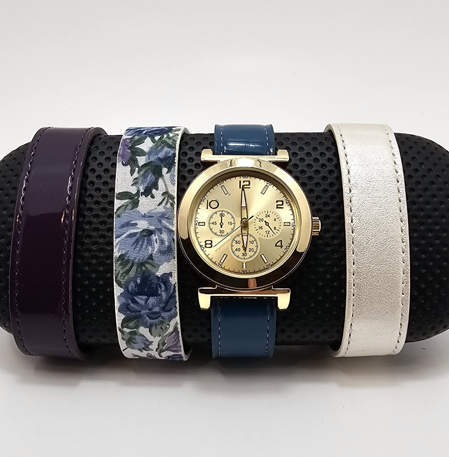 Geneva Quartz Wristwatch Stainless Steel Blue White Purple Floral Strap Watch