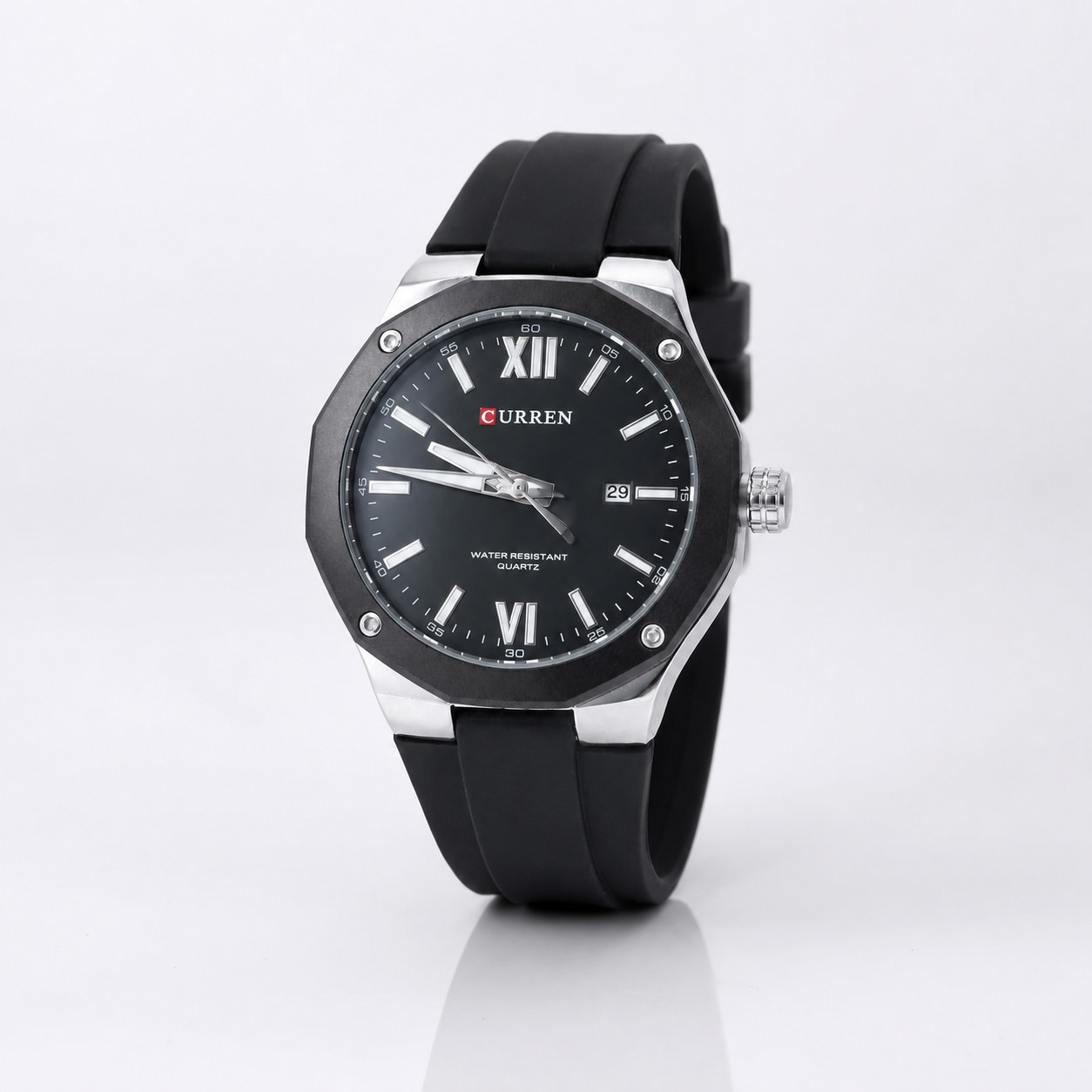 Men s Black Quartz Watch Silicone Strap Analog Date 3ATM Water Resistant