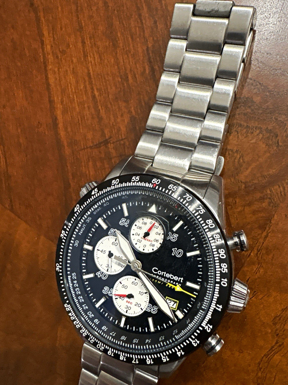 Cortebert Men’s Quartz Chronograph Date Tachymeter Black Dial Steel Bracelet