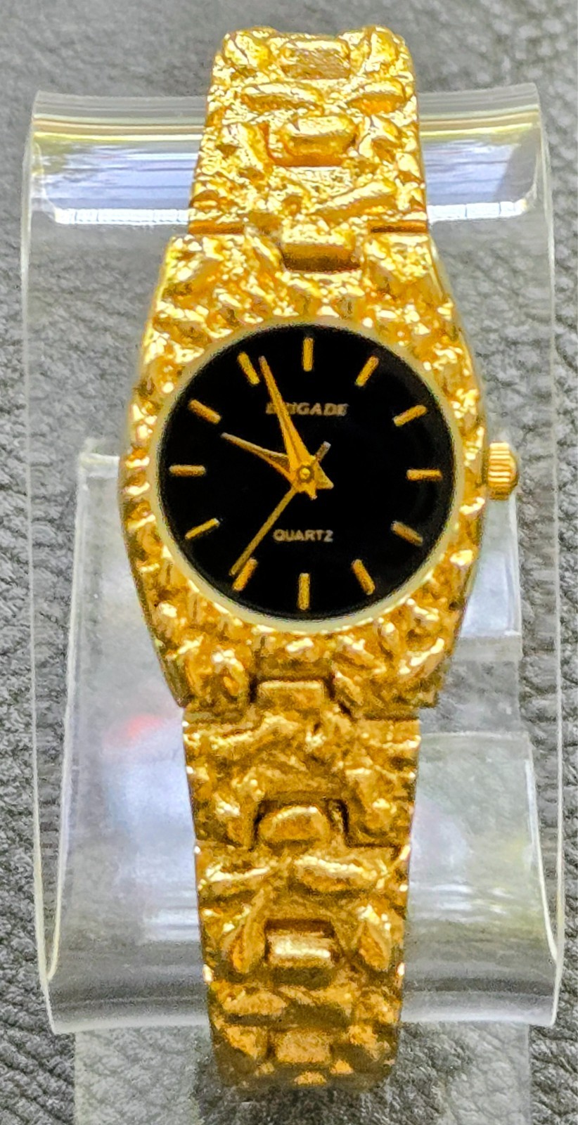 Brigade Gold Tone Nugget Quartz Watch Black Dial Textured Bracelet Retro