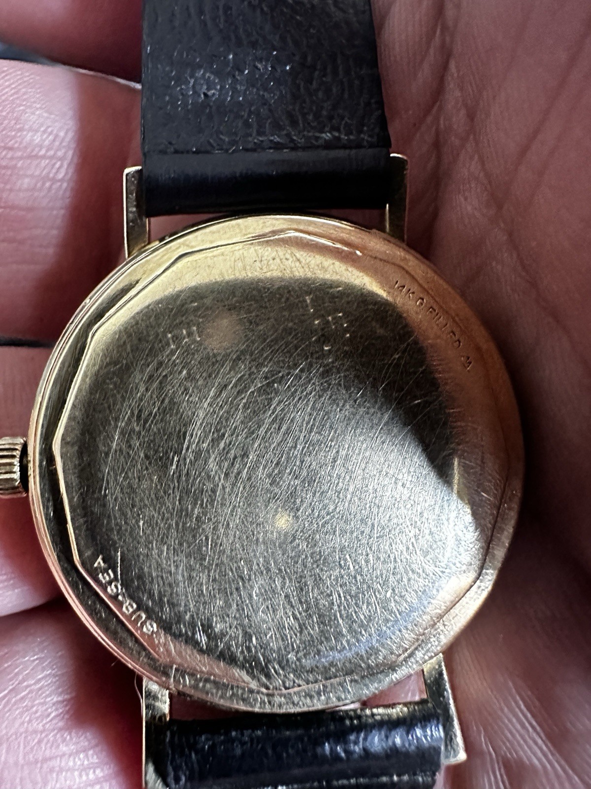 Vintage Movado Swiss Automatic 17J Gold Plated 34mm Silver Dial Black Leather