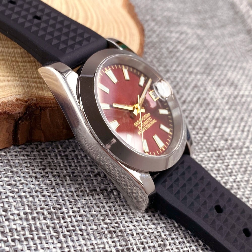 Dark Red 36MM NH35A 20BAR Waterproof Luminous Mechanical Men’s Watch Screw Crown