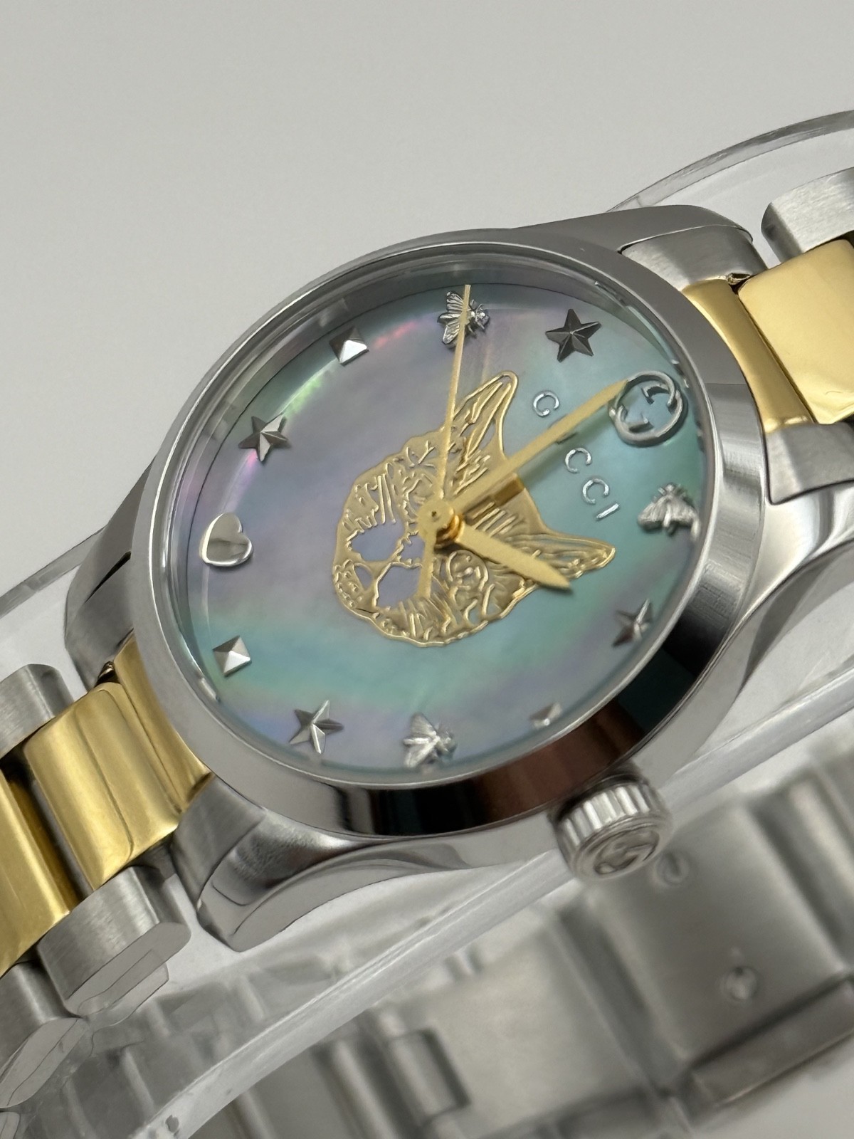 Gucci G Timeless Quartz MOP Blue Dial Two Tone Steel Strap Watch YA1265011