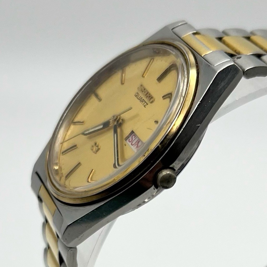Seiko SQ Quartz 8123-7239 Two Tone Linen Gold Dial Day Date 34mm VTG Parts/R