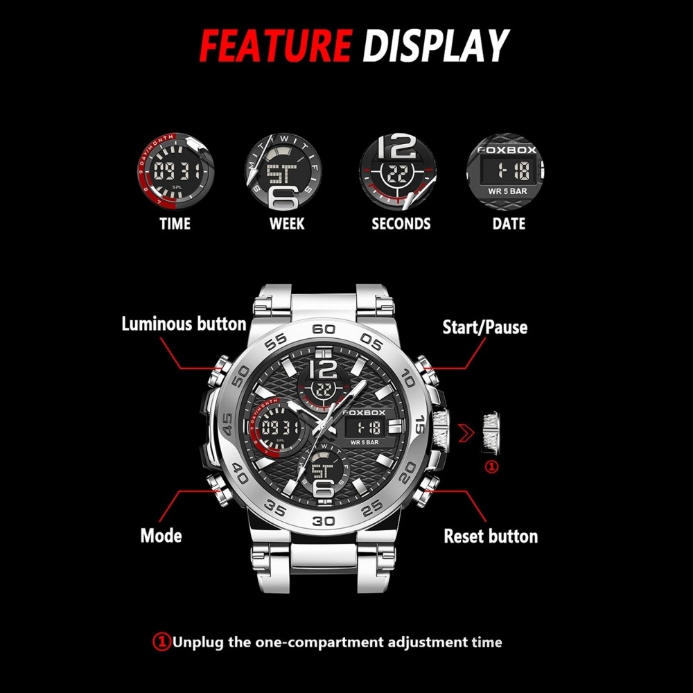 LIGE FOXBOX Men Watch Quartz Digital Analog Luminous Waterproof Boys Wristwatch