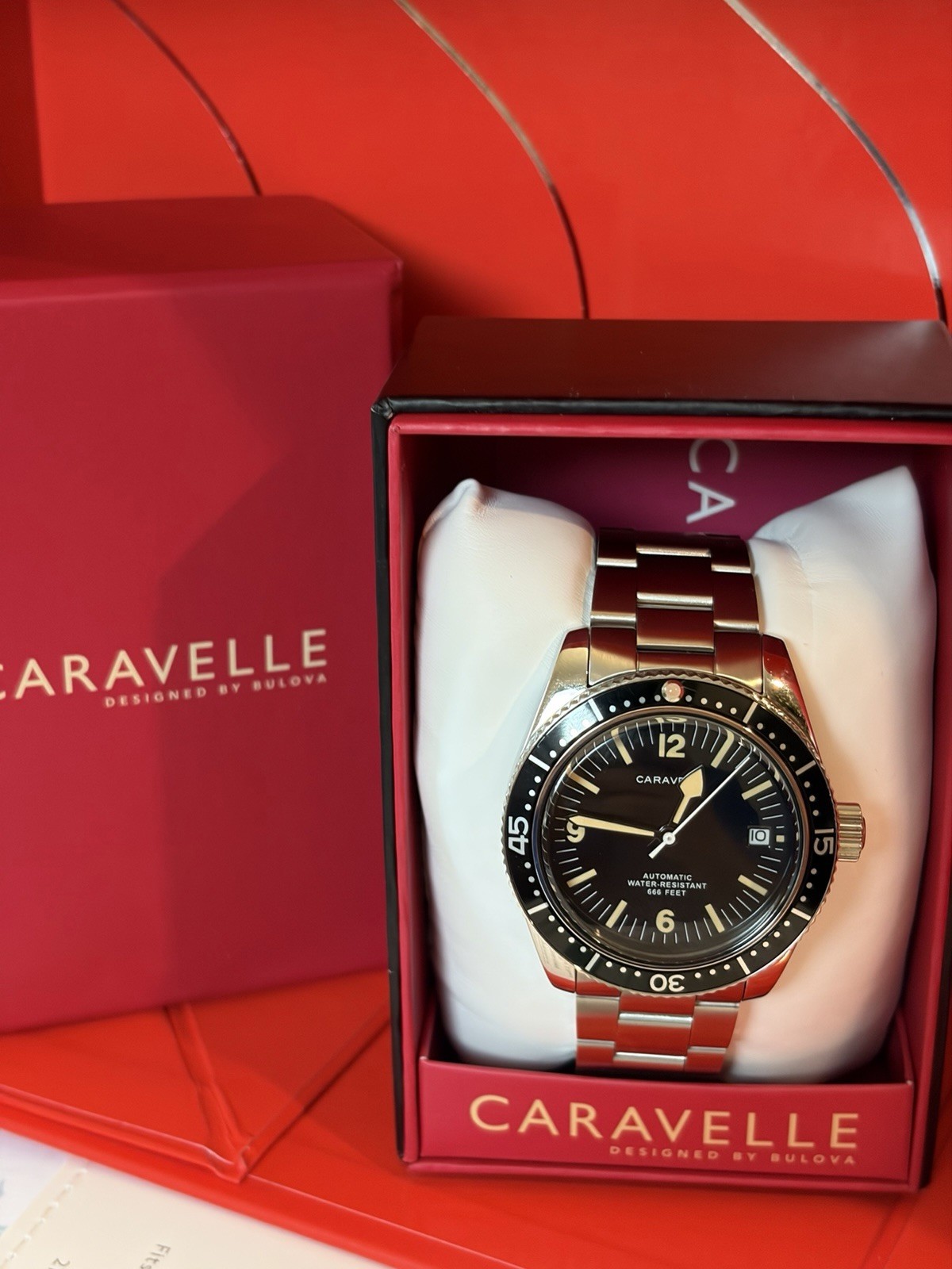 Caravelle Automatic Diver Date Black Dial 40mm Steel Bracelet 666ft Box Papers