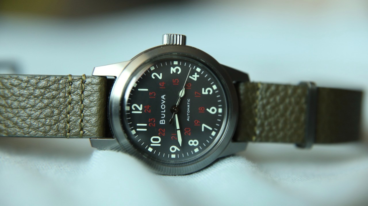 Bulova Hack Automatic Military Black Dial Leather Men’s Watch 38MM Ref. 98A255