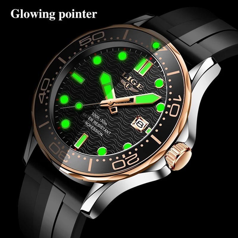 44MM LIGE Luxury Quartz Watch Men’s Diver Silicone 30M Waterproof Luminous NEW