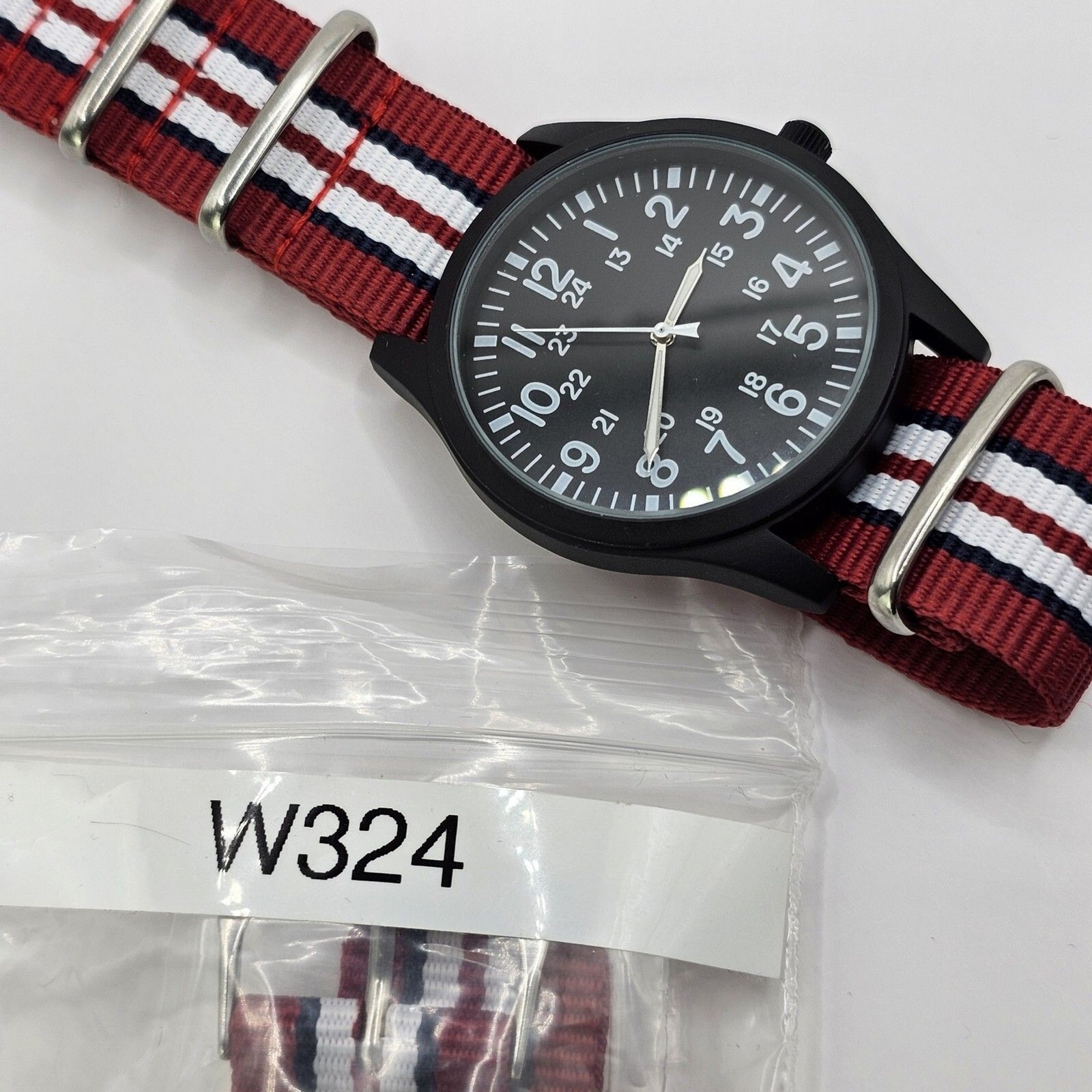 Men’s Military Watch 42MM Large Case Black Dial Red Blue White Canvas Band Strap