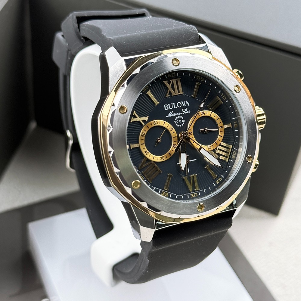 Bulova Men’s Marine Star Black Dial Silicone Strap Quartz Watch 98B277