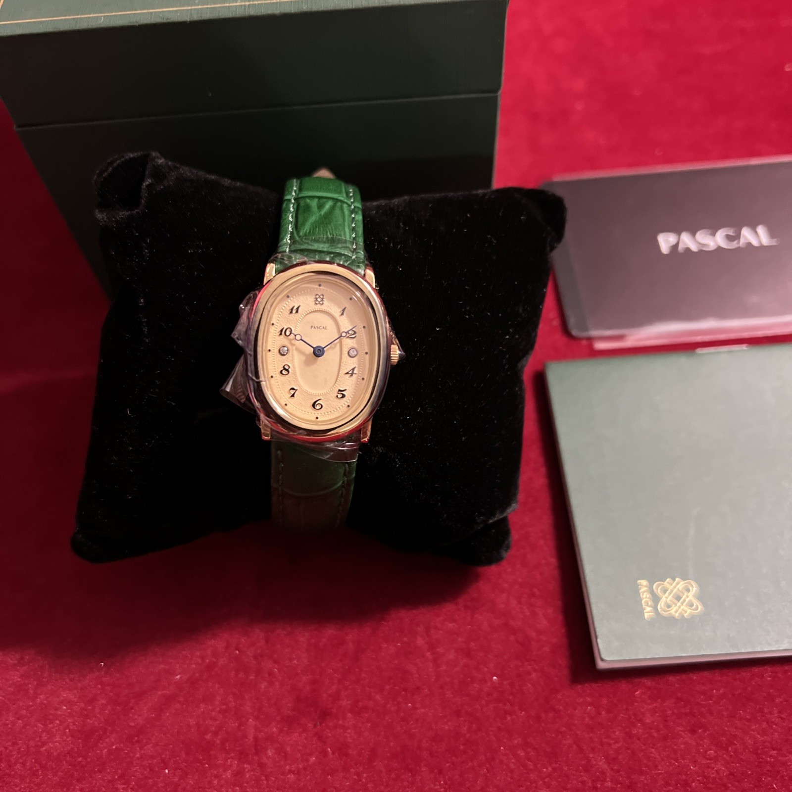 PASCAL Oval Bubble Diamond 24mm Women’s Watch Gold-Tone/Beige Dial/Green Strap