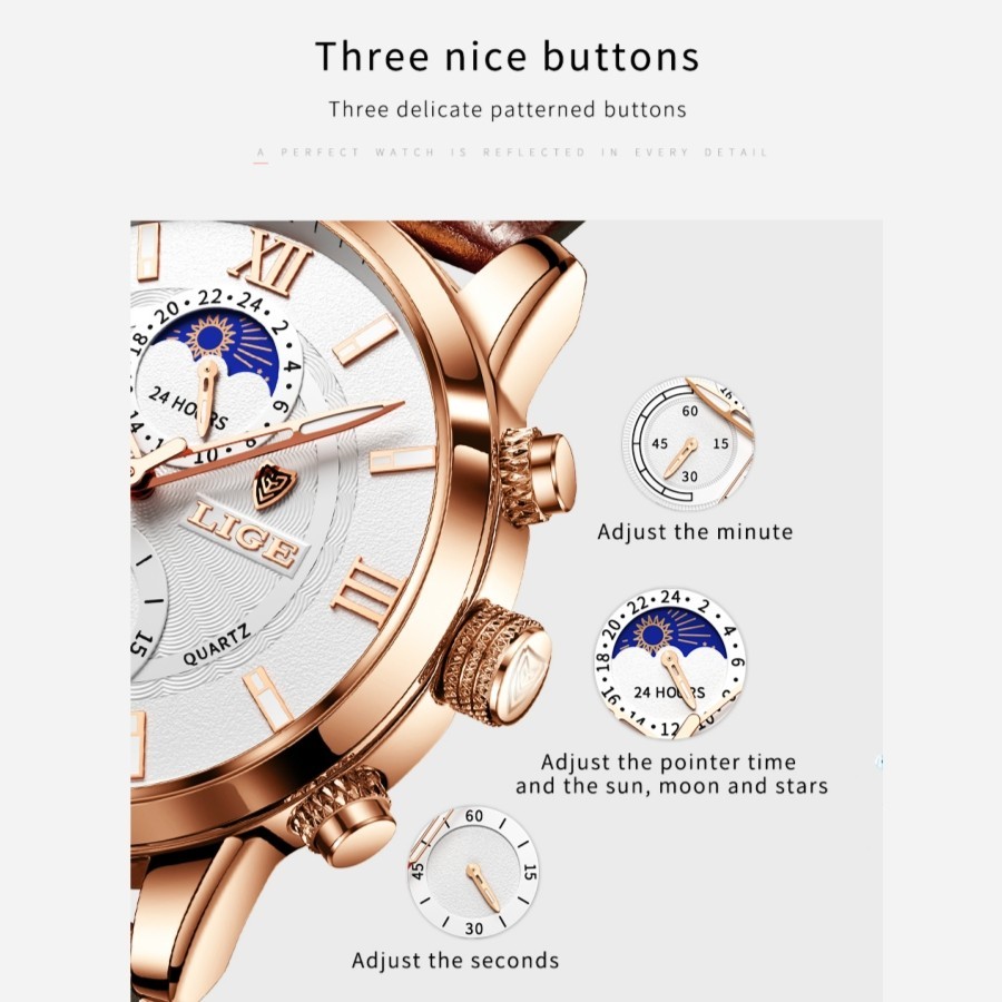 Men’s Watch Quartz Luminous Stainless Steel Case Leather Band Daily Wristwatches