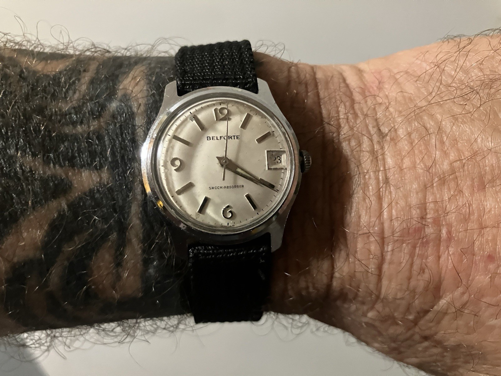 Belforte Shock Absorber Manual-Wind Date Silver Dial Black Nylon Strap