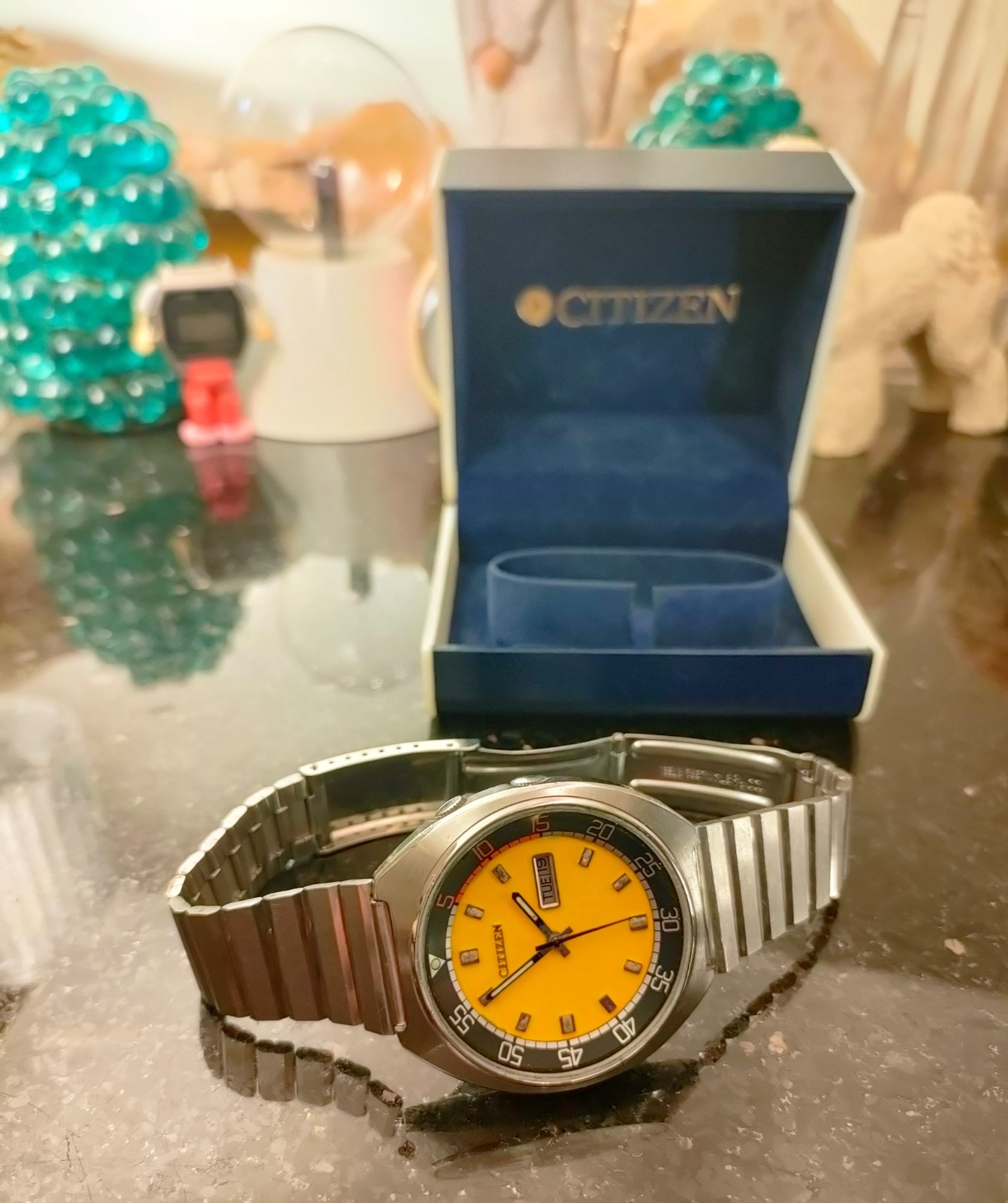 1978 Vintage Yellow Dial Automatic Citizen Bullhead Challenge Timer Day& Date