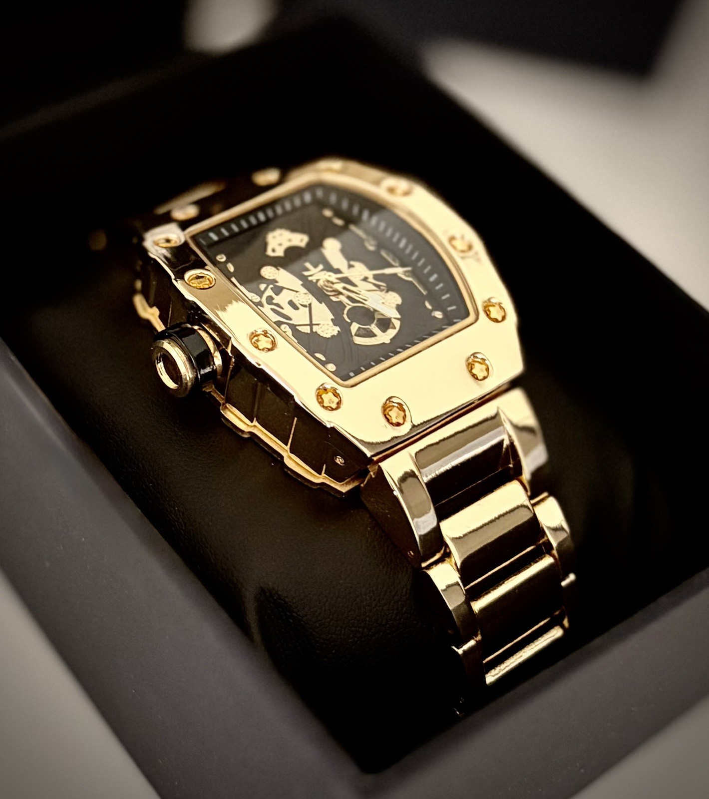 Men’s Gold/Silver/Black Skeleton Luxury Bling Metal Strap Tonneau Watch Gift Set