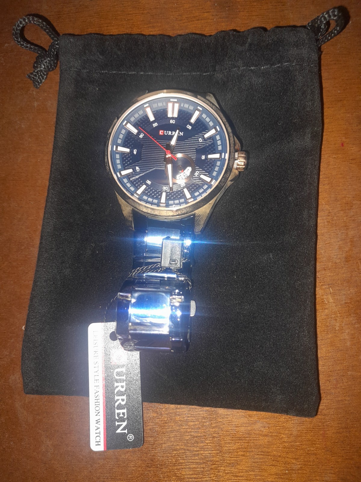 CURREN Men’s Quartz Watch 45mm Blue Dial Rose Gold Case Blue Steel Band