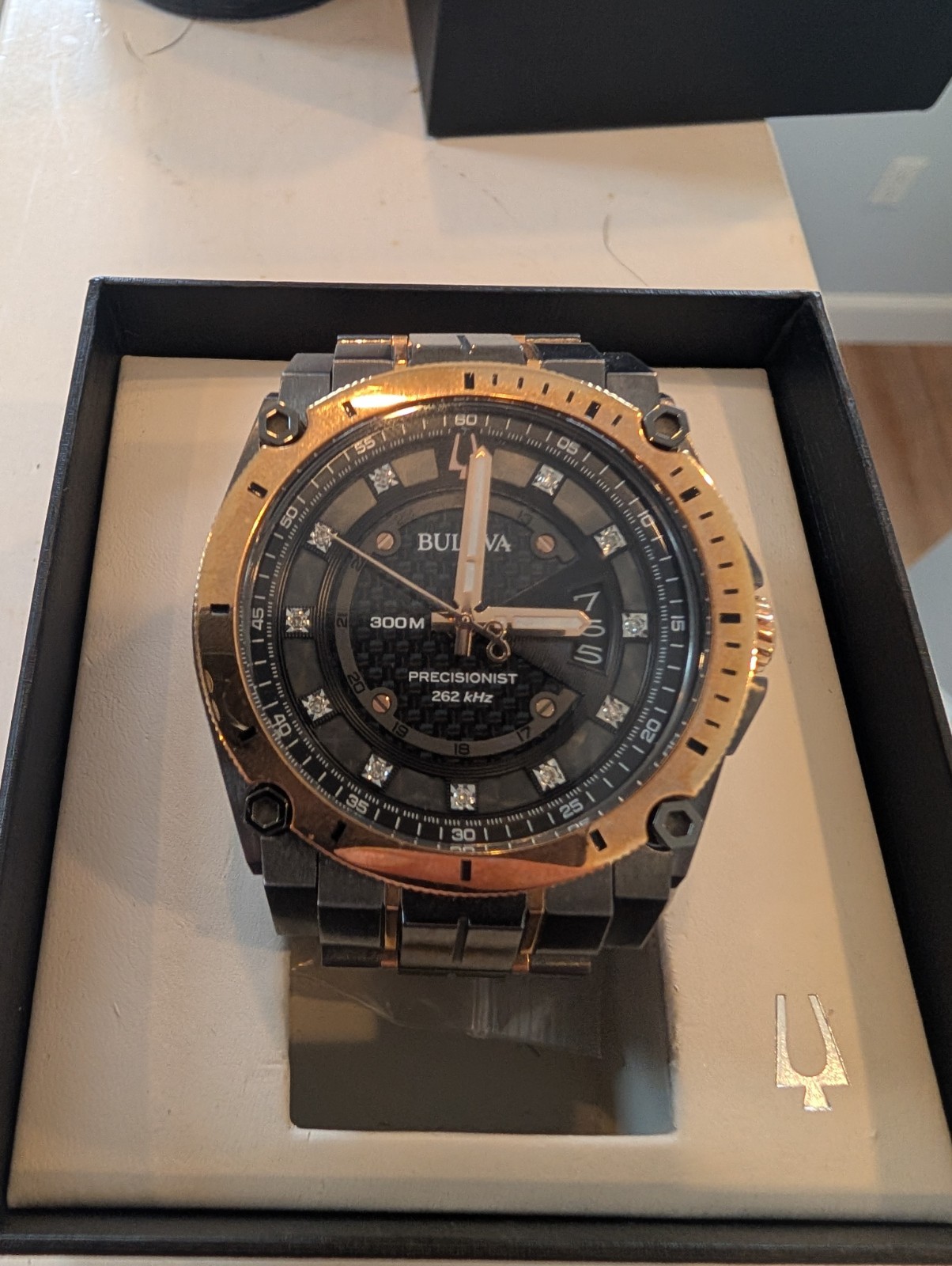 Bulova Precisionist Men’s Icon Watch Black Dial Rose Gold Bezel 300m Date