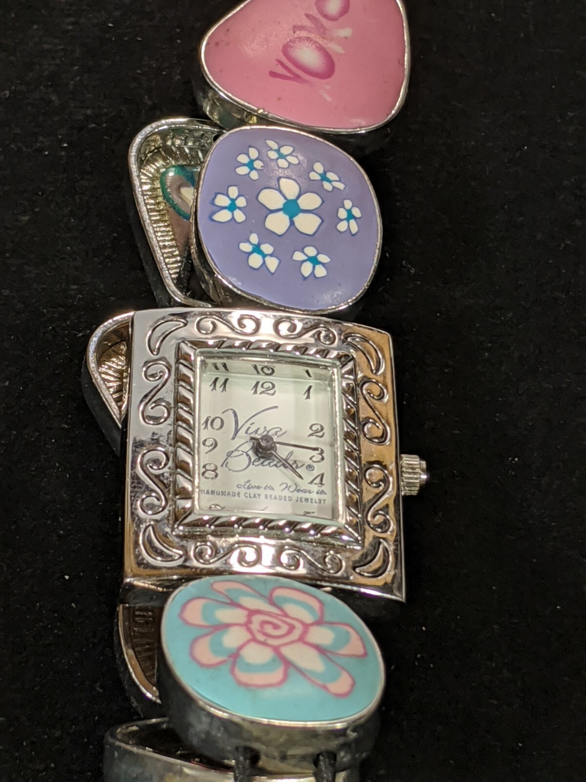 Viva Beads Blue Purple Pink Flower Clay Panel Stretch Band Watch 7 inches