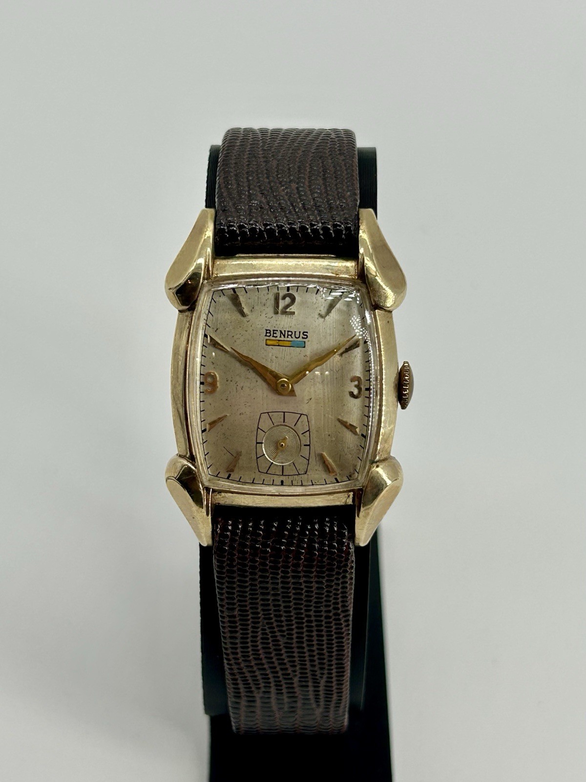 Vintage Benrus 17J Manual Wind 10K Gold Filled Horn Lug Tank Watch 26mm Runs