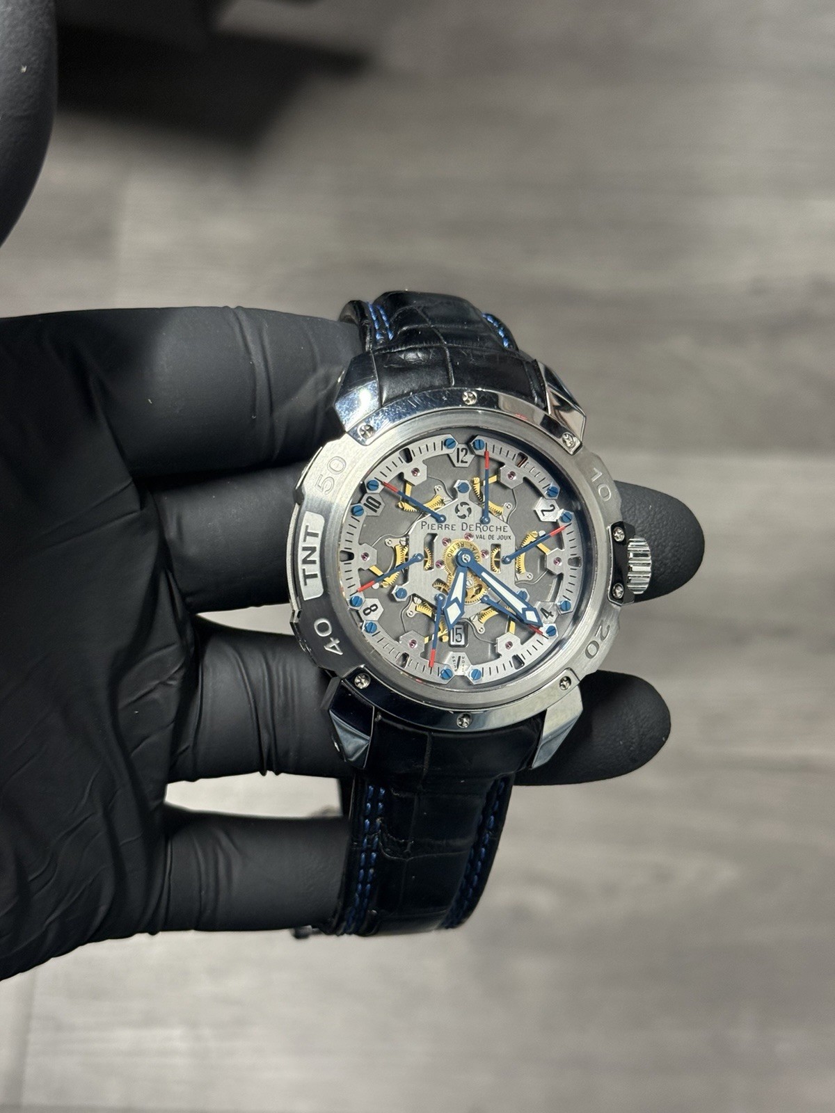 Pierre DeRoche TNT 47.5 mm ROYAL RETRO Skeleton 100m Leather Strap