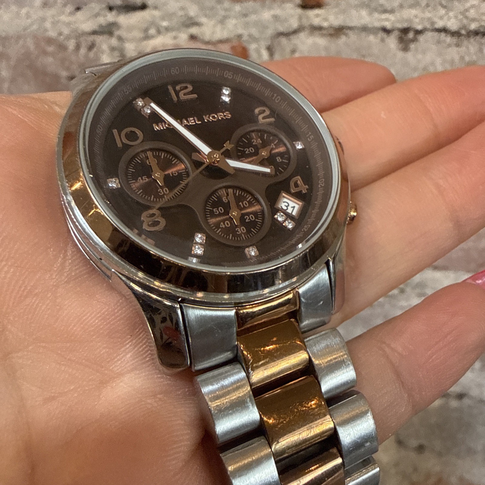 Michael Kors MK-5495 Two Tone Chronograph Watch Brown Mother of Pearl 39mm
