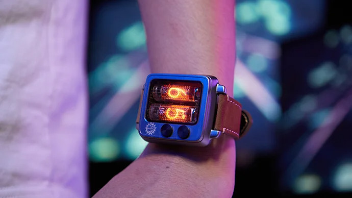New NEONWORKS BTF NIXIE TUBE WATCH Retro Timer WristUp Aluminum Brown Straps v.