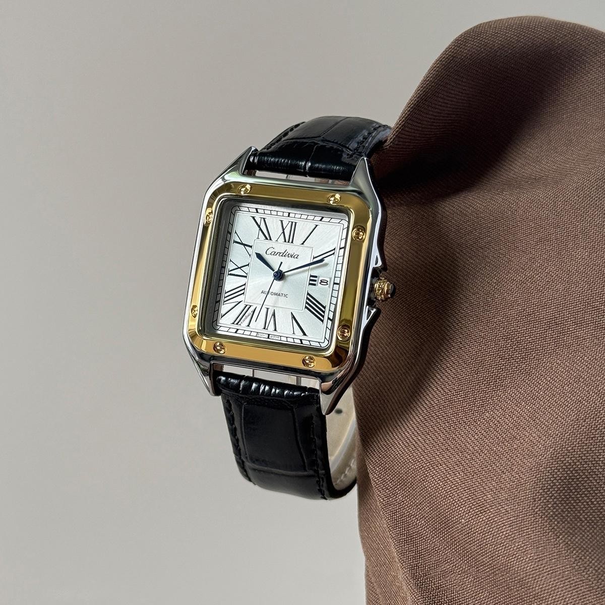 Men’s Square Quartz Watch Roman Numeral Leather Strap Date Waterproof Dress