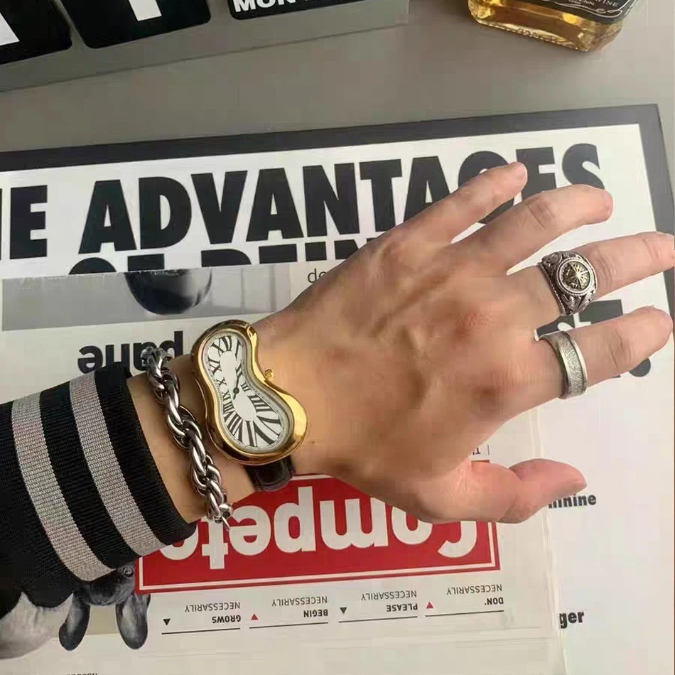 Y2K Men Women Crash Melting Twist Watch Genuine Leather Creative Wristwatch Gift