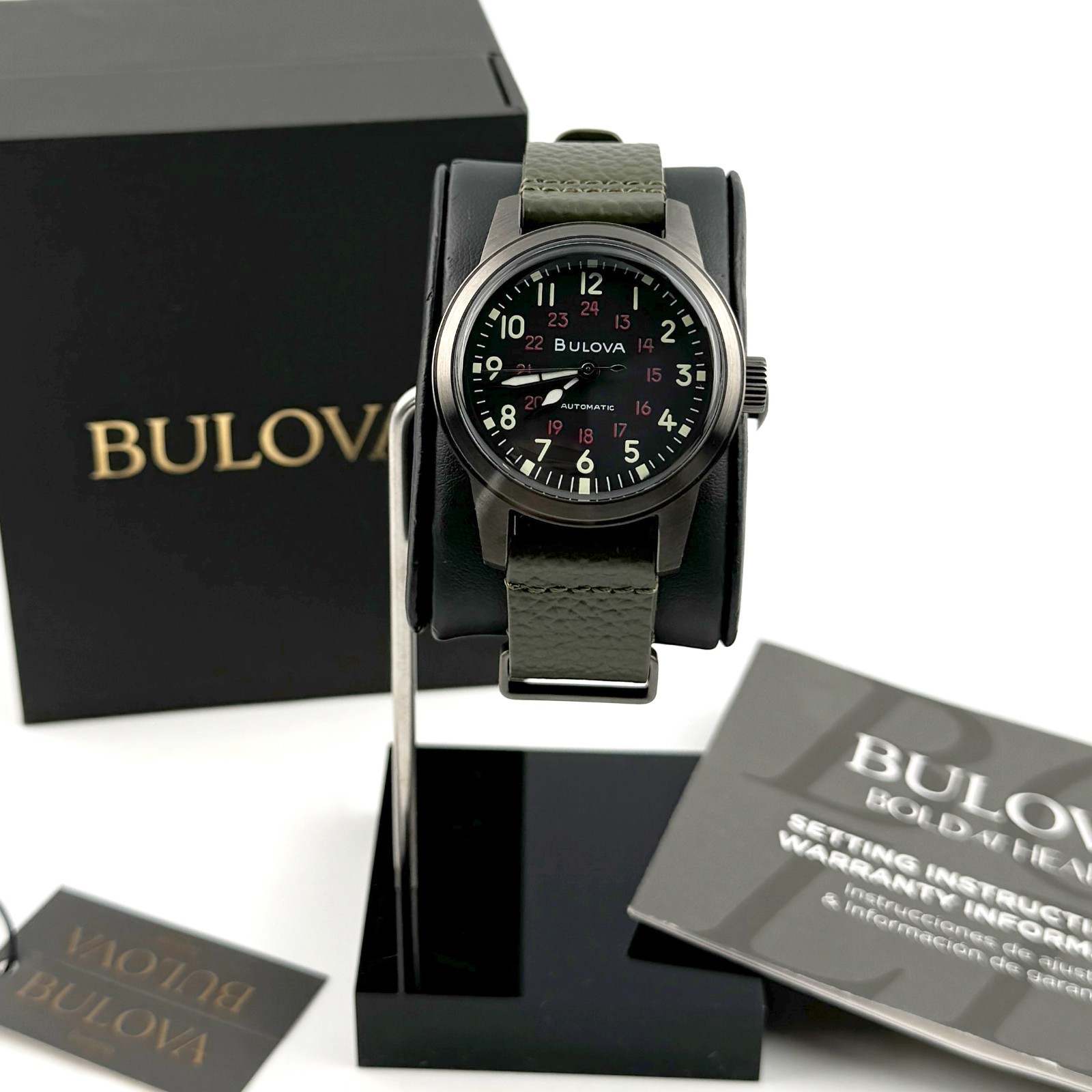 Bulova 98A255 Men’s Hack Watch automatic Black Dial Leather Men’s Watch 38mm