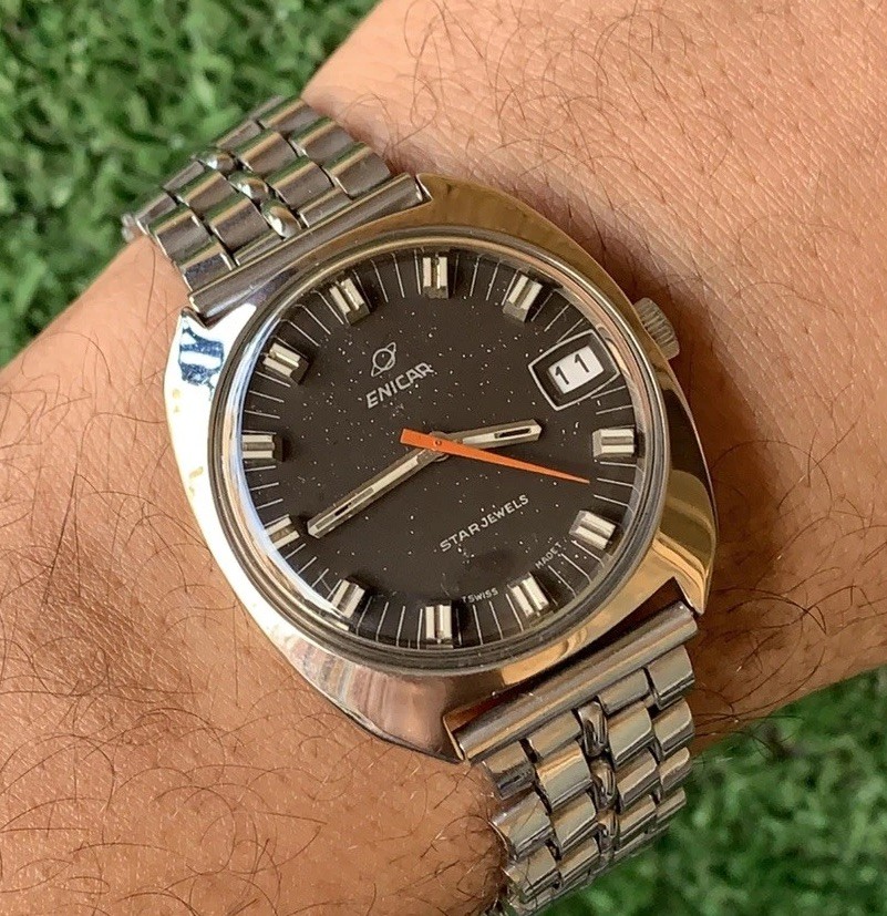 Vintage Enicar Ocean Pearl Watch Stainless Steel Star Jewels Dial 36mm Men 1960s