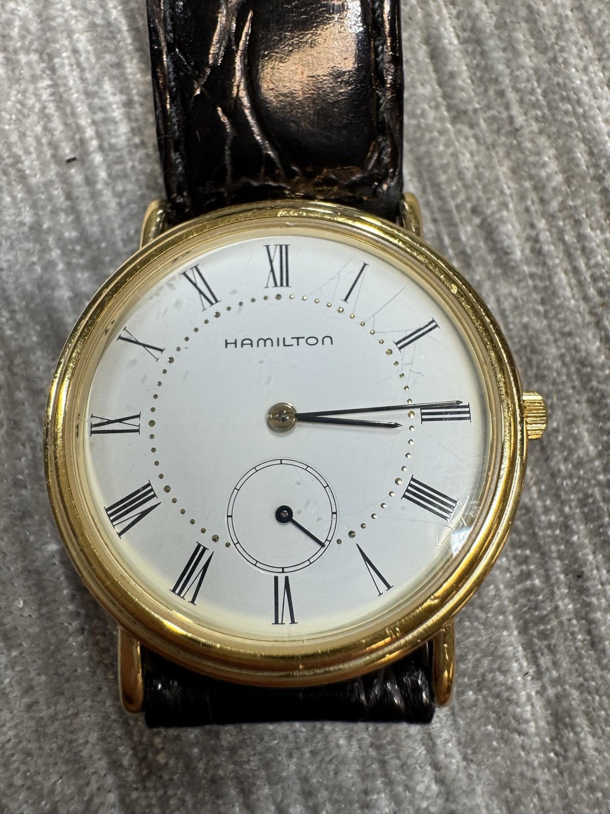 Vintage Hamilton Registered Mens Watch White Dial Gold 6210 Black Leather Formal