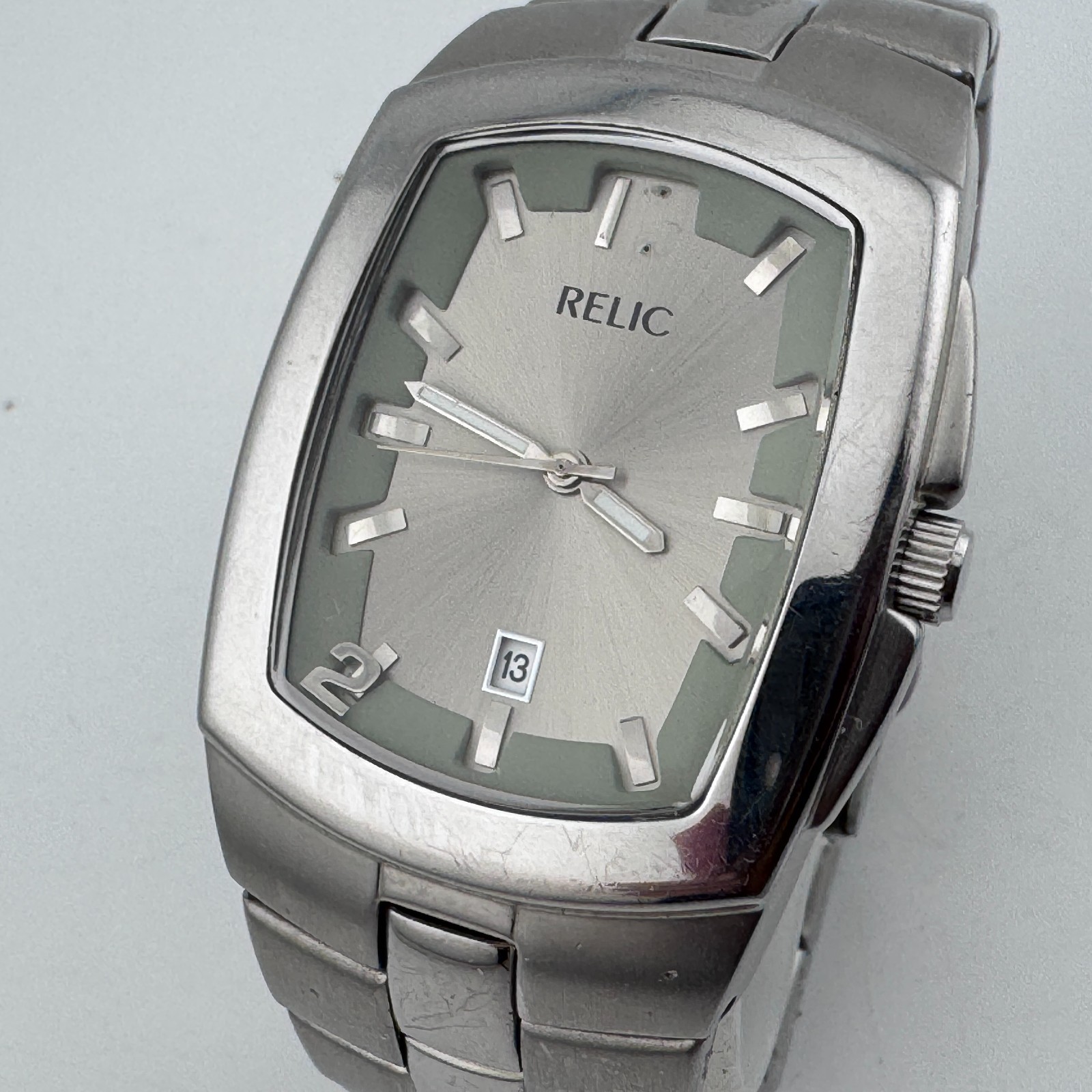 Relic Quartz Watch Men 30mm Silver Steel Barrel Cuff Date Analog New Batter 6.5″
