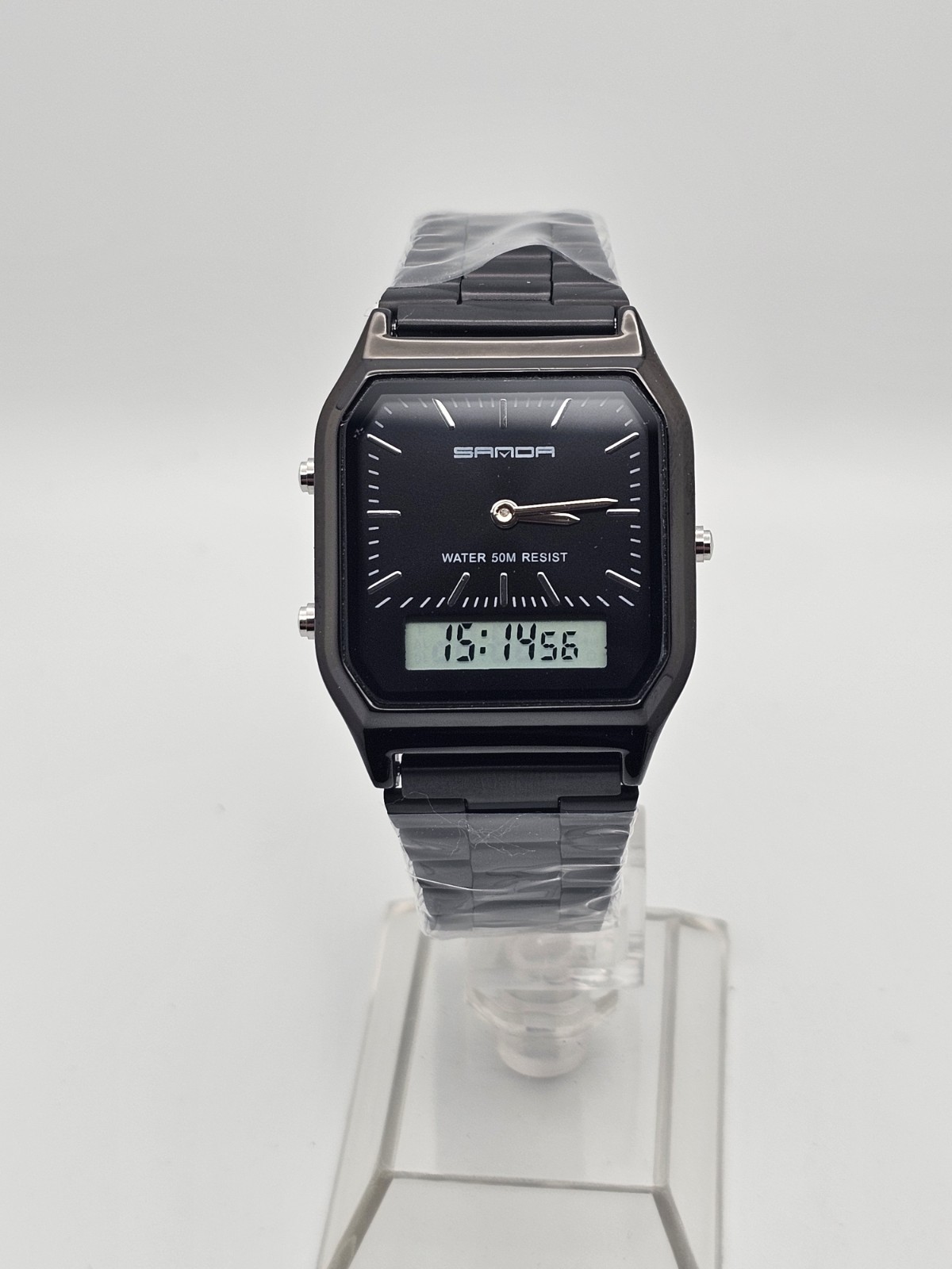 SANDA Classic Gloss Black Analog/Digital Green Backlight WR50M Men Stainless🔥👀