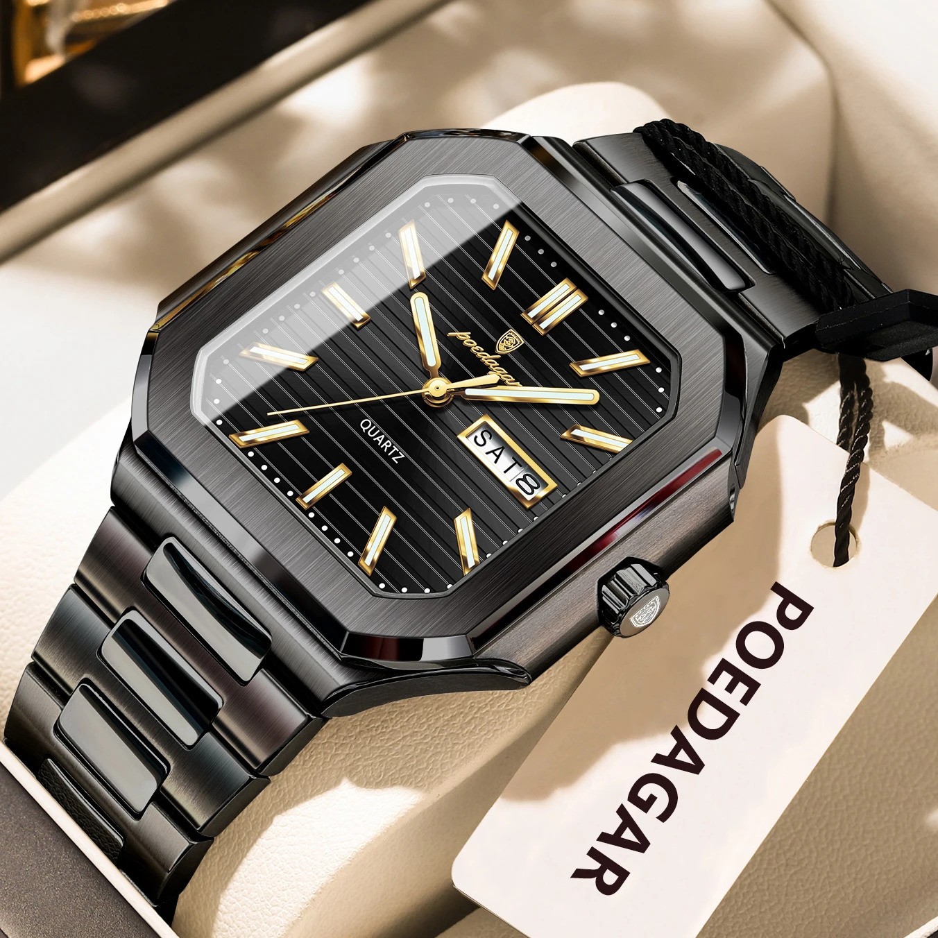 POEDAGAR Men’s Square Quartz Watch Stainless Steel Waterproof Luminous Day Date