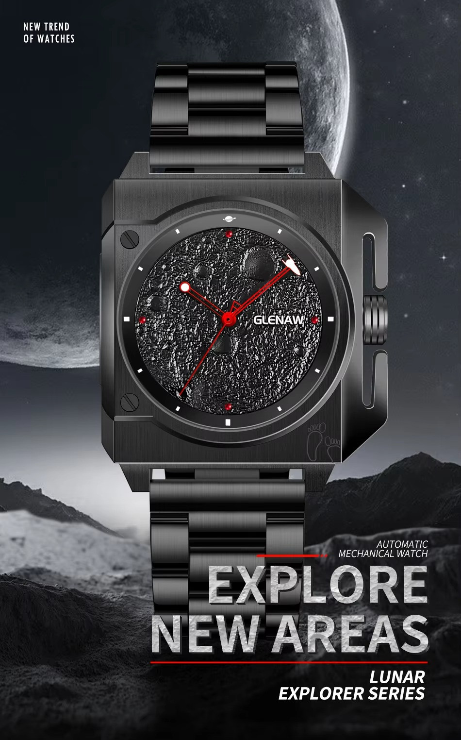 GLENAW Mechanical Men’s Watch Moon Surface Dial Luminous Spaceship Pointer 3ATM