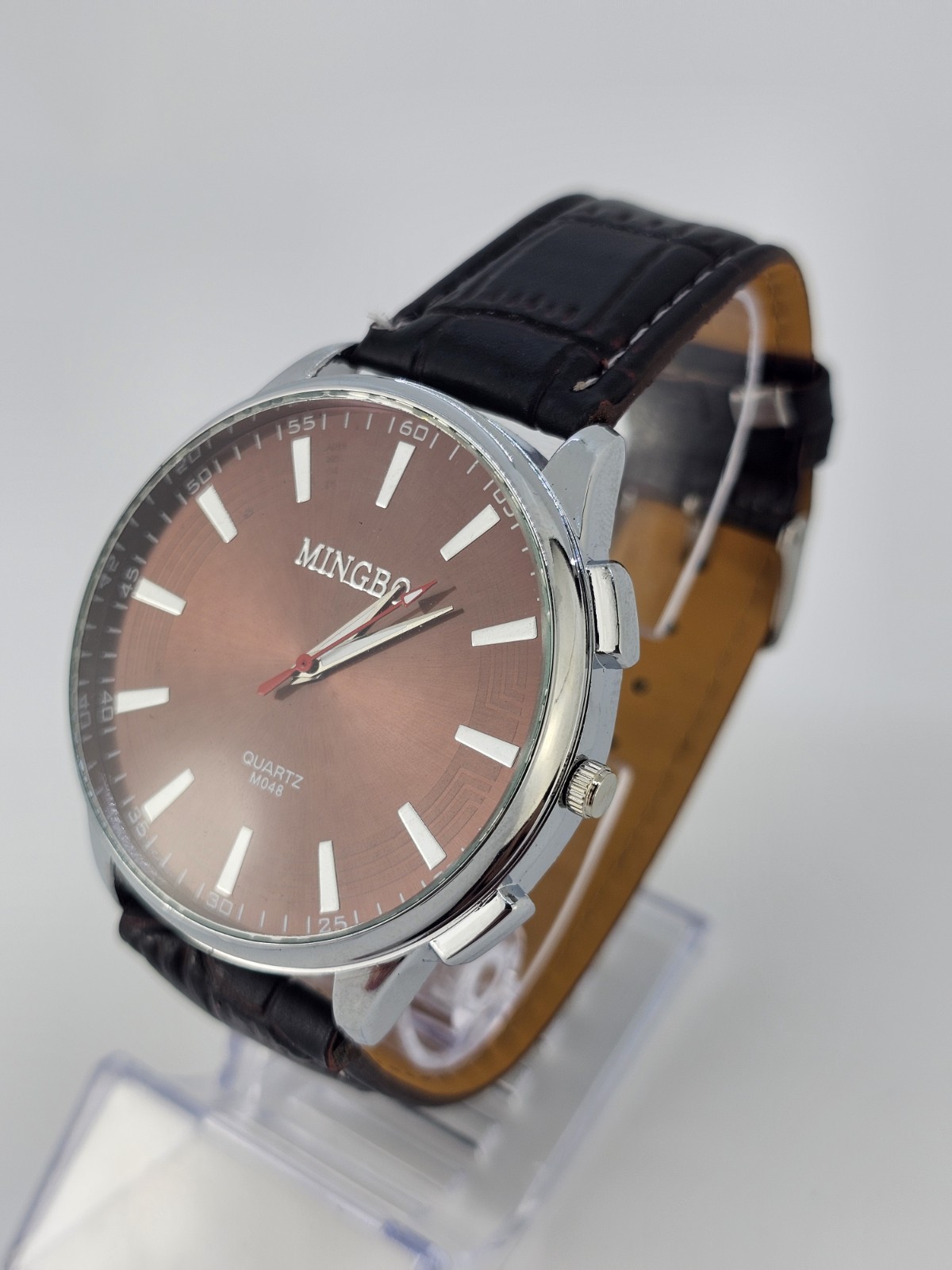 Men’s Analog Watch 45MM Brown Dial Dark Brown Faux Leather Bands New Battery