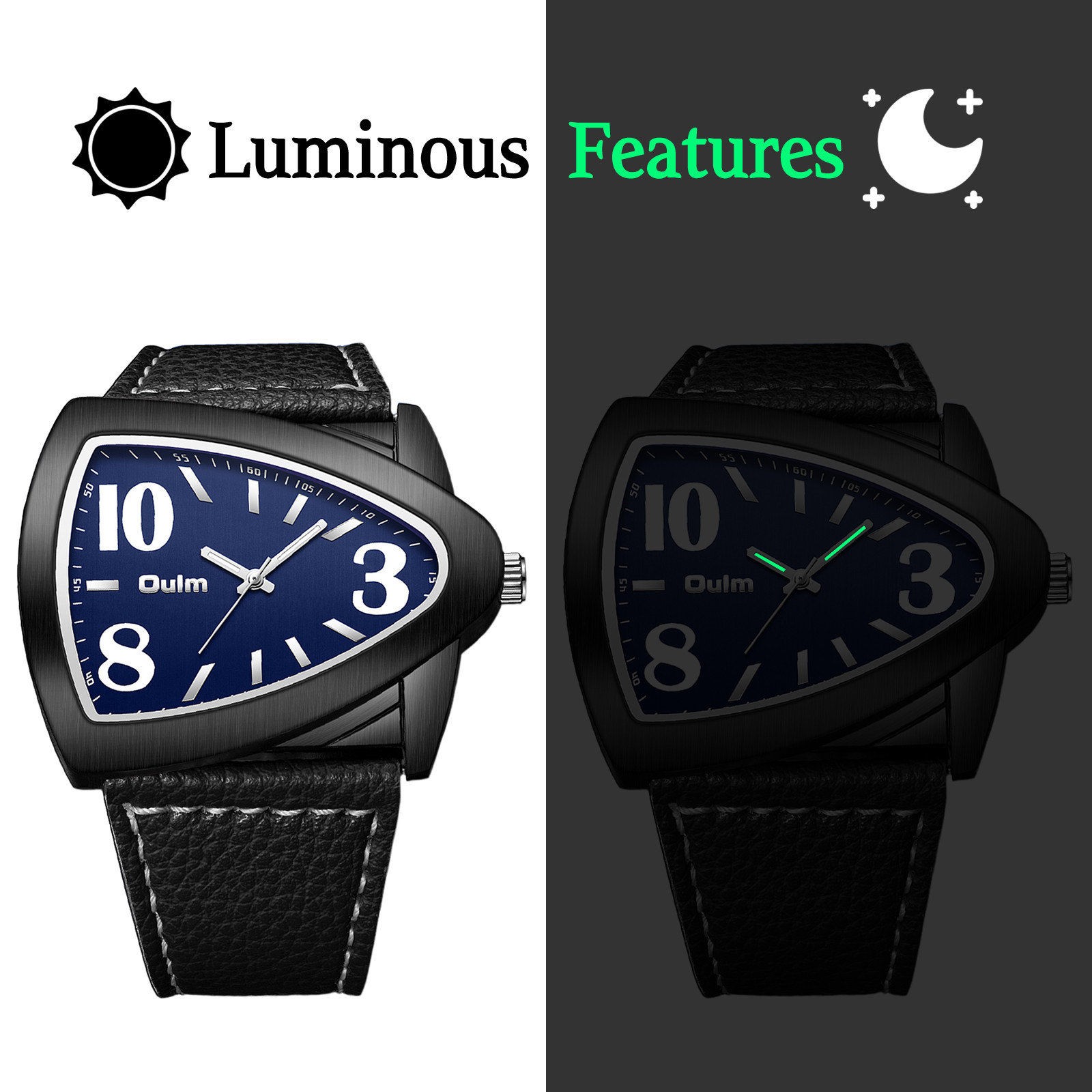 Men’s Business Casual Triangle Dial Luminous Quartz Wrist Watch PU Leather Strap