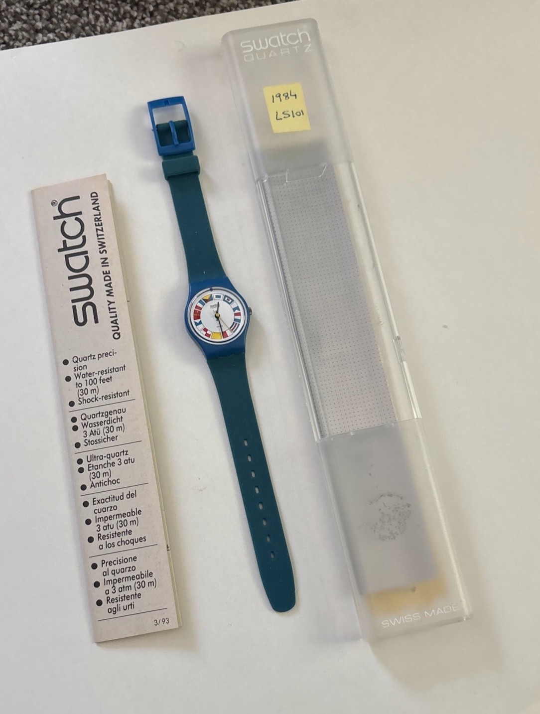 Vintage 1984 Swatch Lady 12 Flags LS101 25mm Nautical Watch Blue Rare