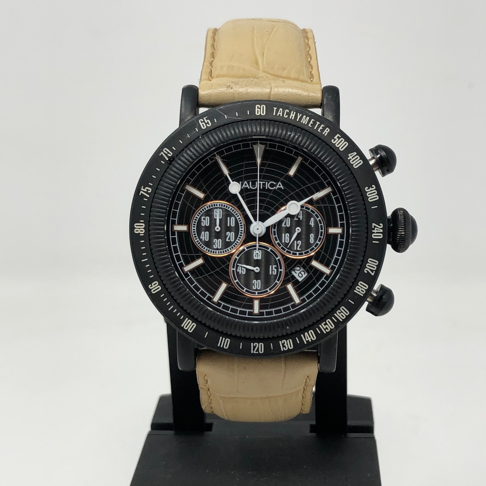 Nautica PVD Mens Chronograph Watch A23500 100m Screw Down Crown NEW BATTERY RUNS