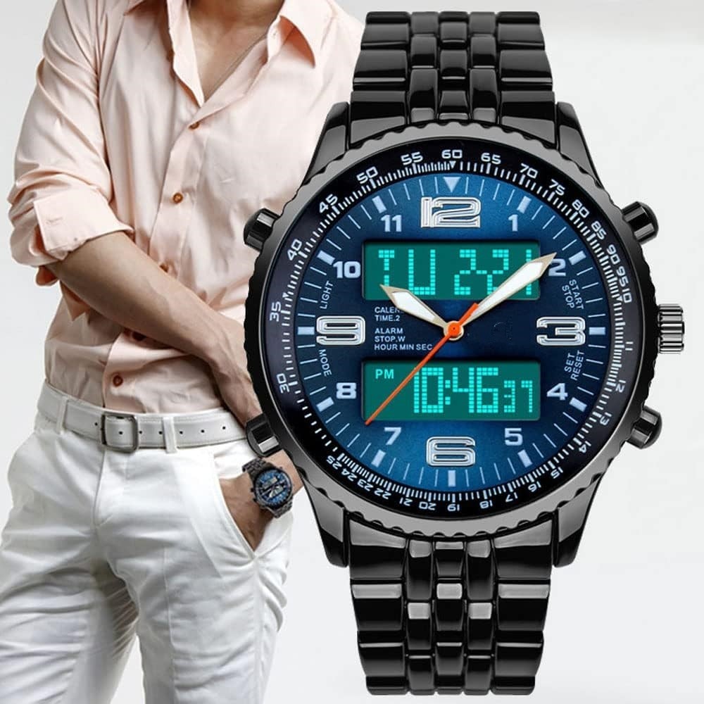 Reloj Digital y Analógico de Lujo para Hombres, de Acero Inoxidable,para Deport