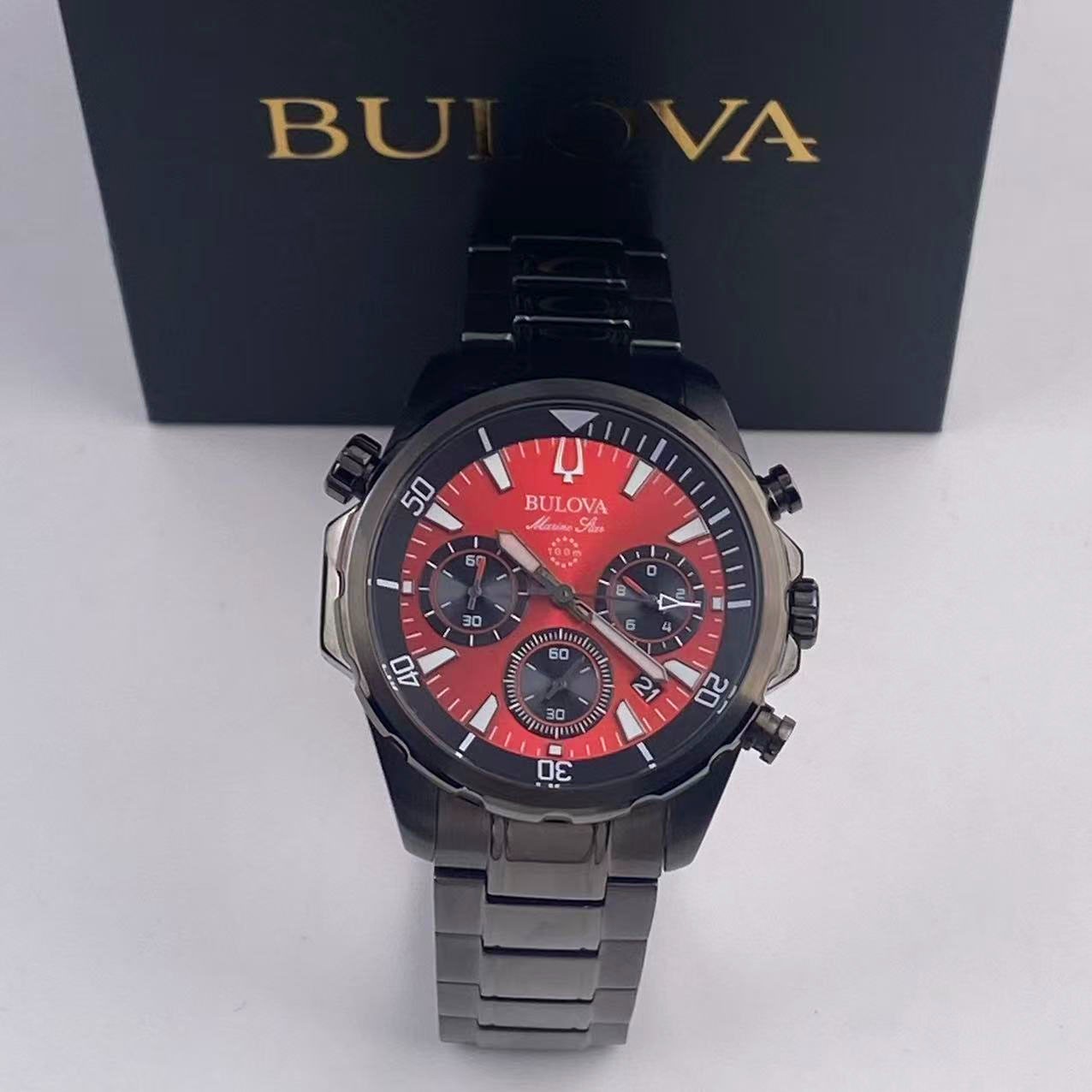 Bulova Marine Star 98B350 Men’s Chronograph Quartz Watch Red Dial Stainless 43mm