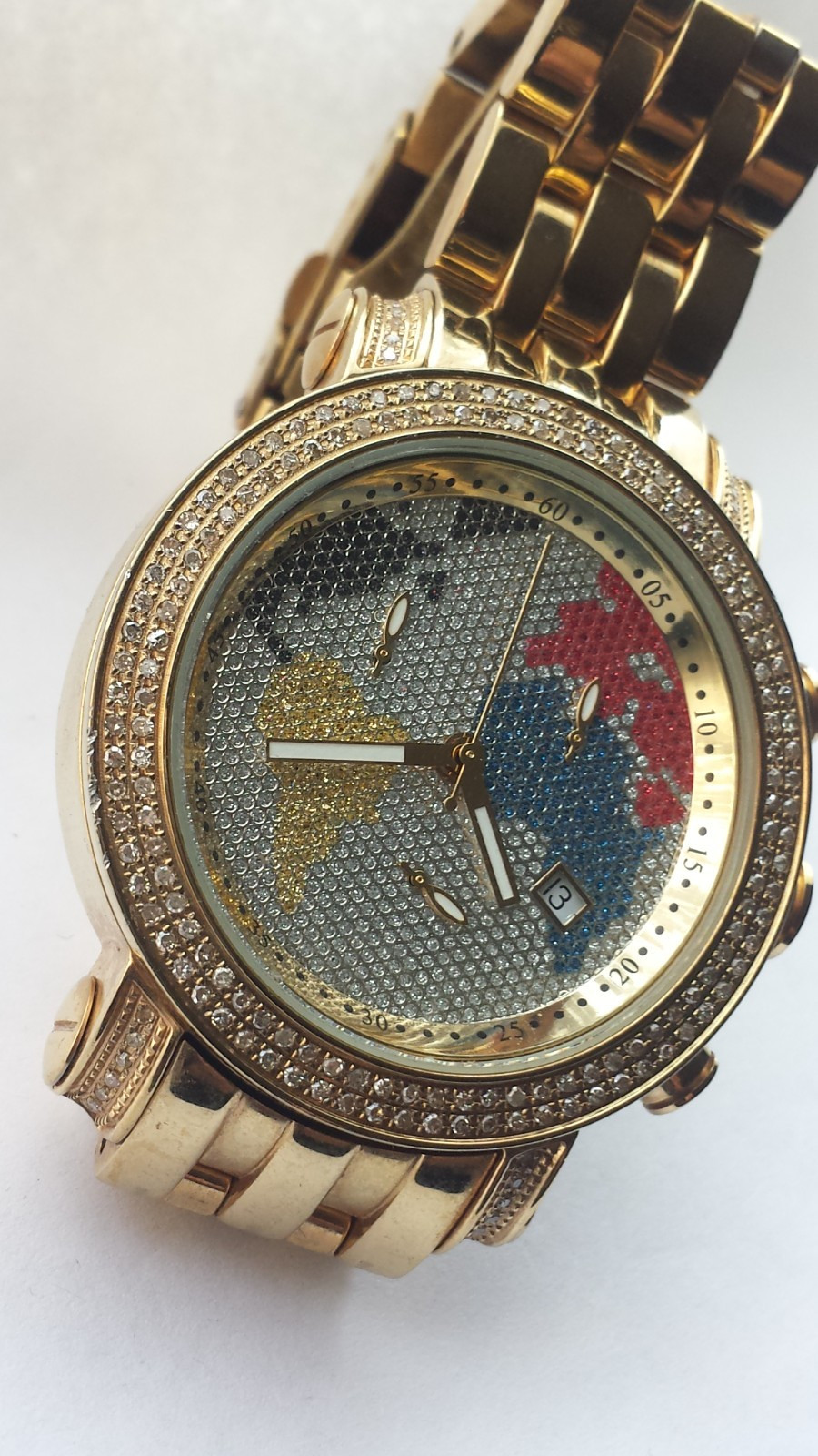 MENS JOJO RODEO 1.75 ct Diamond JCL48 Classic World Map Gold Tone Gents Watch