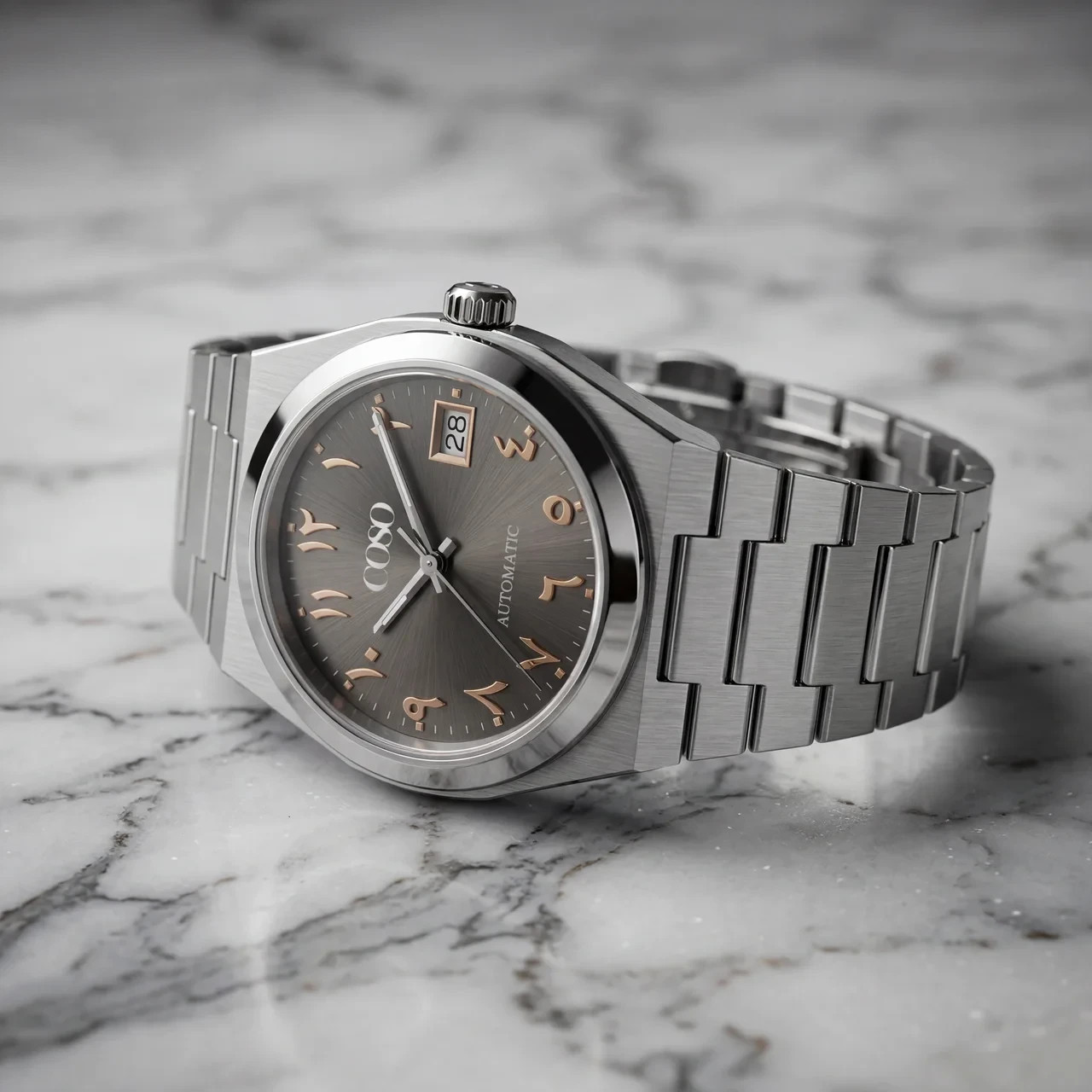 COSO Tolaris Automatic Watch Charcoal Dial Gold Eastern Arabic Steel Bracelet