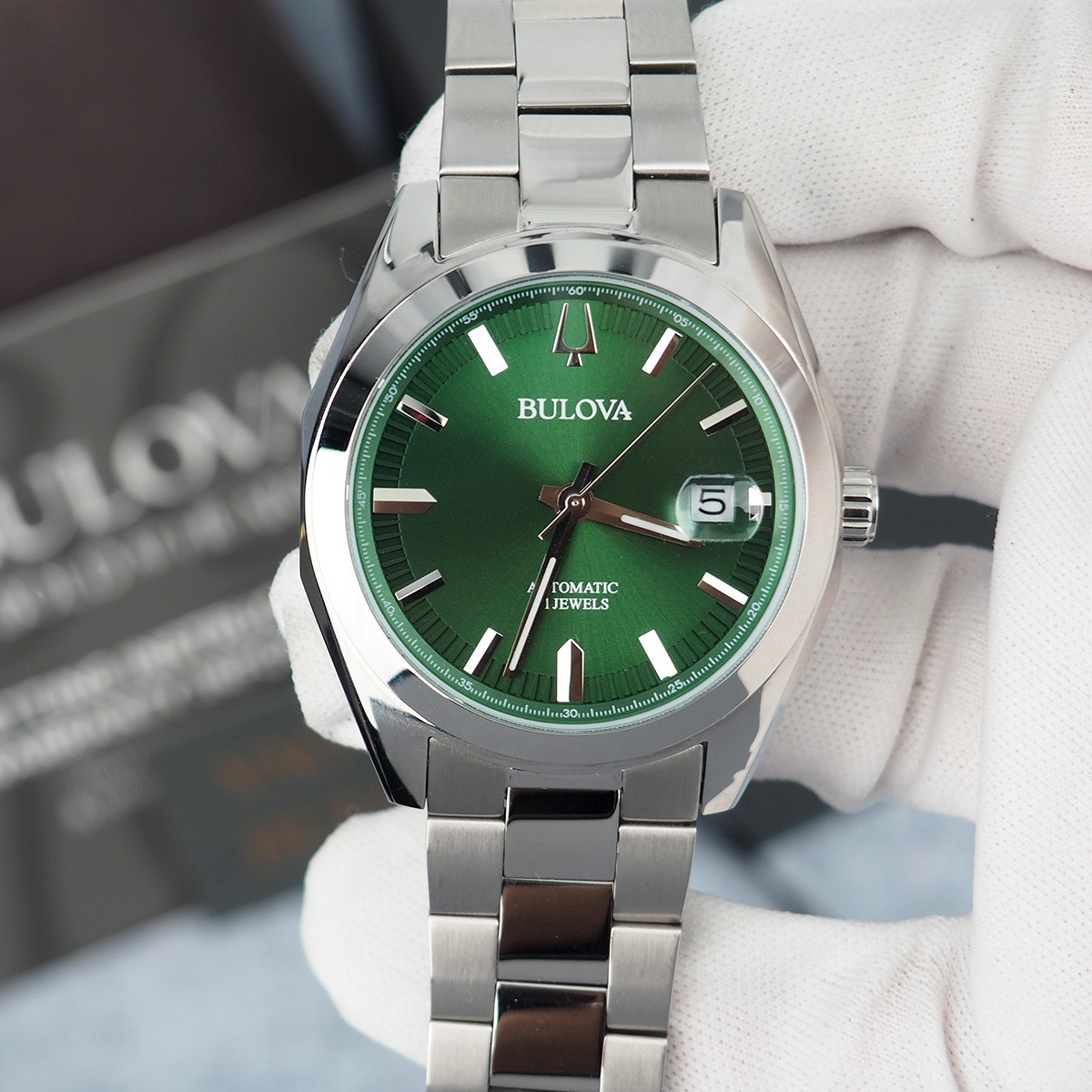 Bulova Surveyor Automatic Green Dial Stainless Steel Men’s Watch 39 mm – 96B429
