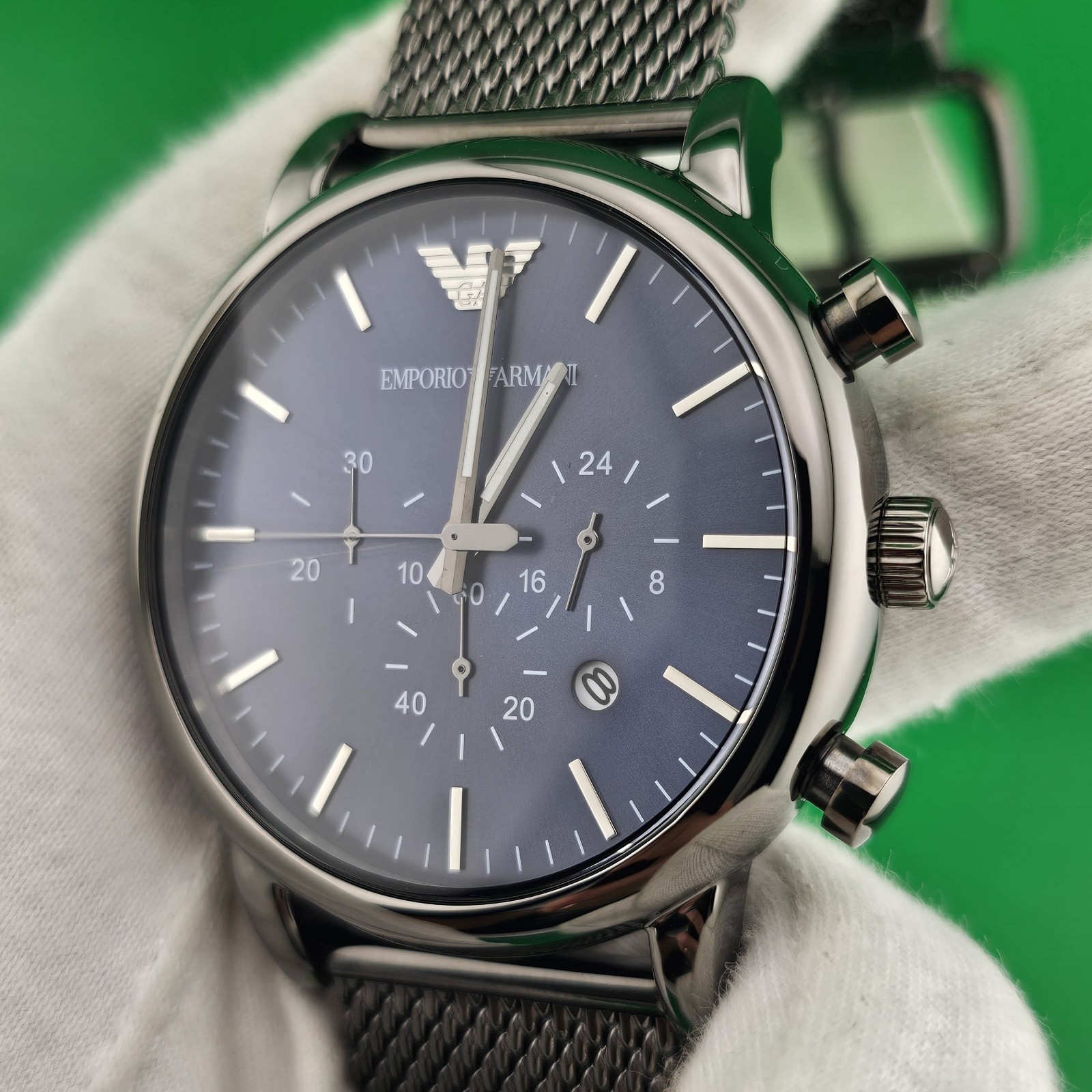 EMPORIO ARMANI MENS WATCH AR1979 BLUE DIAL & GREY MESH STRAP GENUINE UK