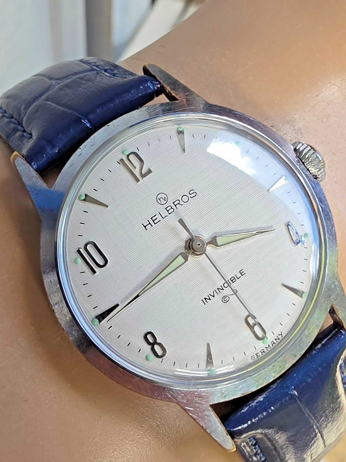 Vintage HELBROS men’s manual wind watch Linen dial PUW 61 Germany 1950s