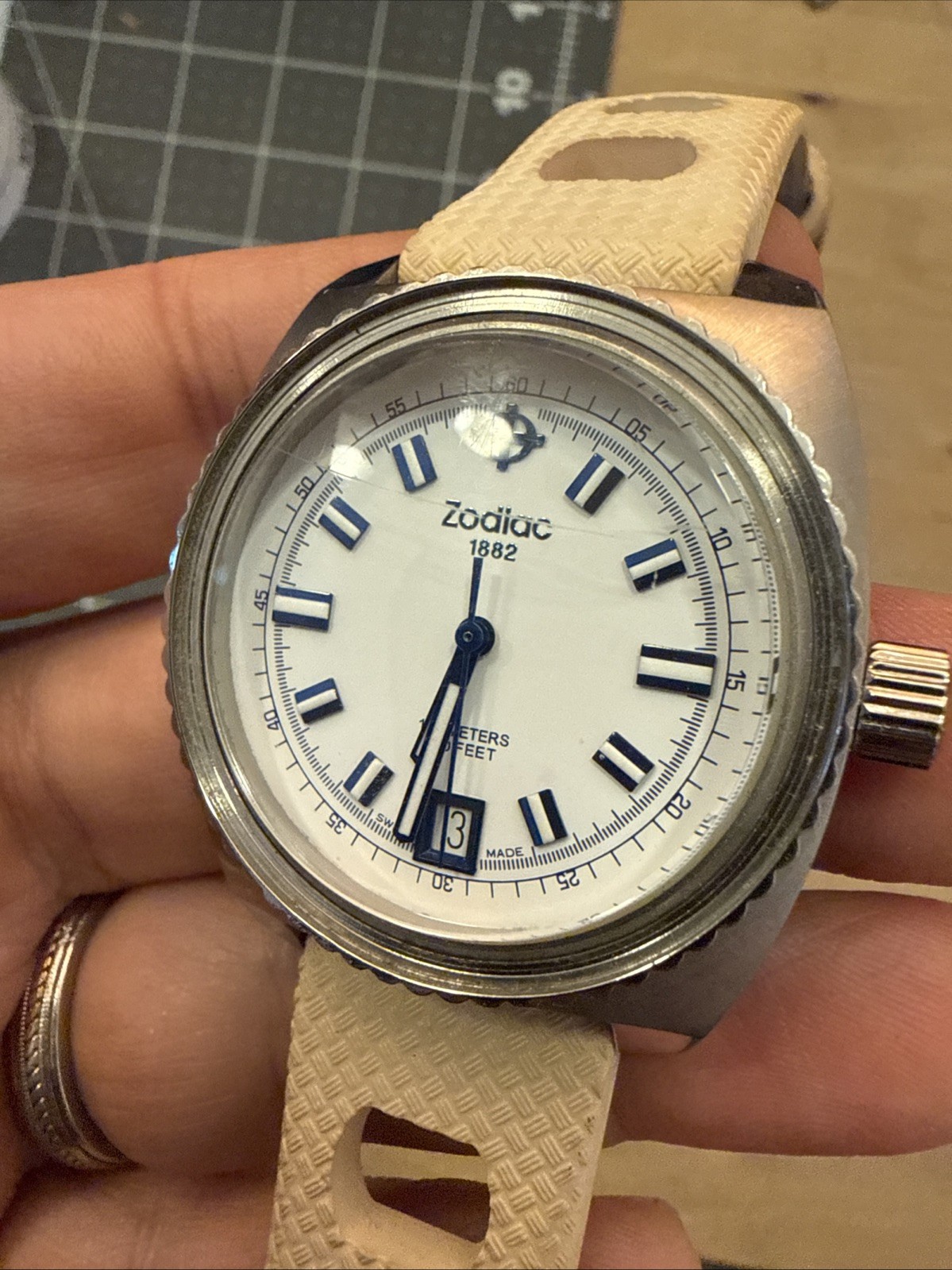 zodiac Sea Dragon zo2244 Swiss dive watch 100m 38mm square blue white tan