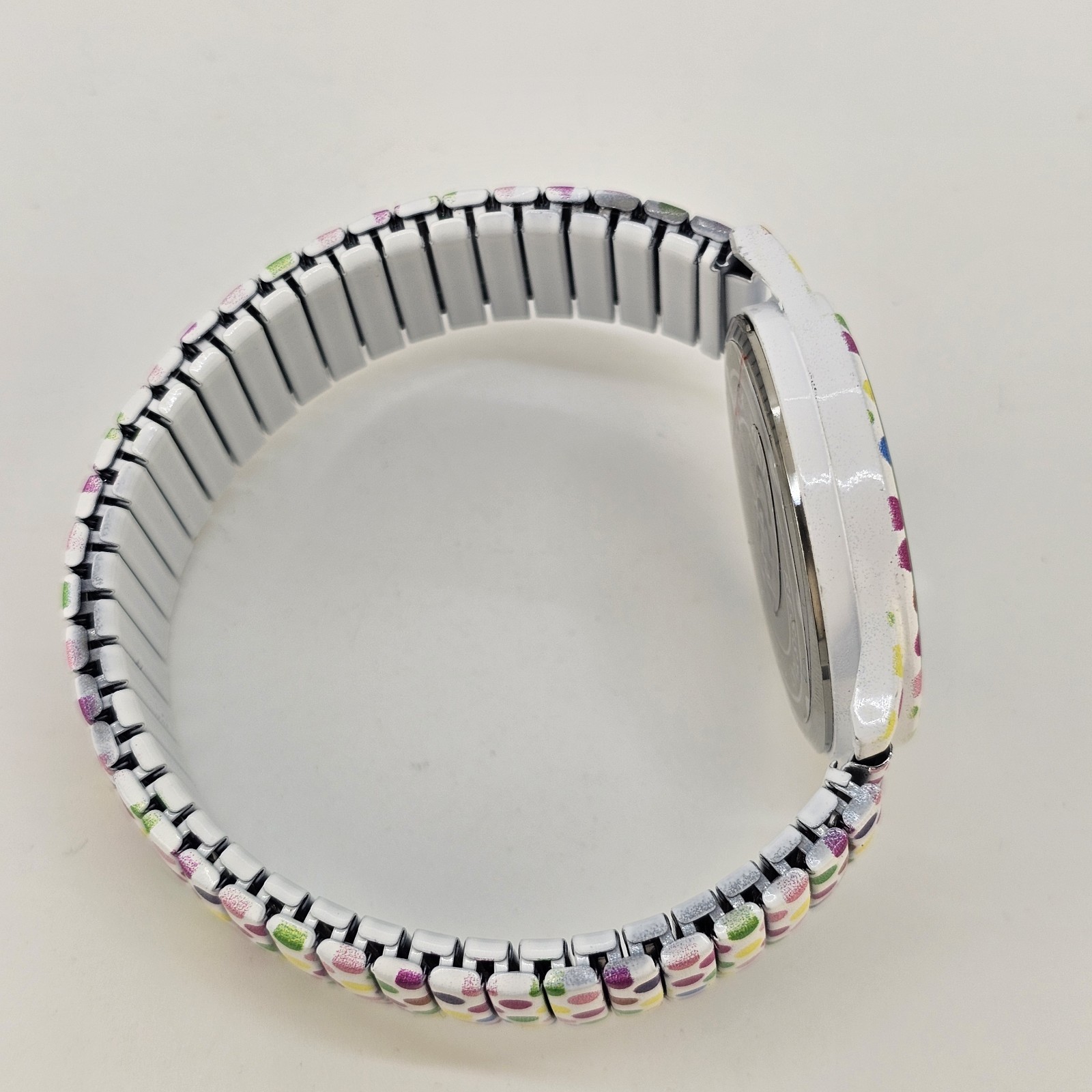 36MM Women’s Watch White Dial Polka Multicolor Strech Band 6.5″ New Battery